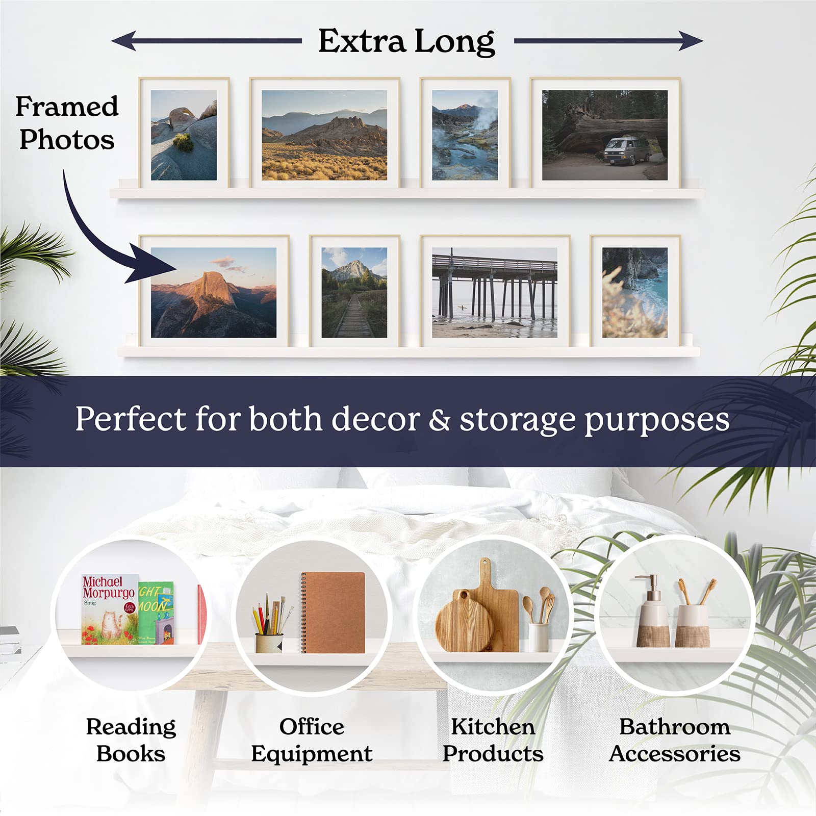 White 60 Inch Floating Picture Ledge Shelf (2 Pack) - Narrow Wooden Wall Shelf with Lip for Photos, Toys, Action Figures, Makeup & Jewelry Display - Perfect for Nursery, Bedroom & Home Decor