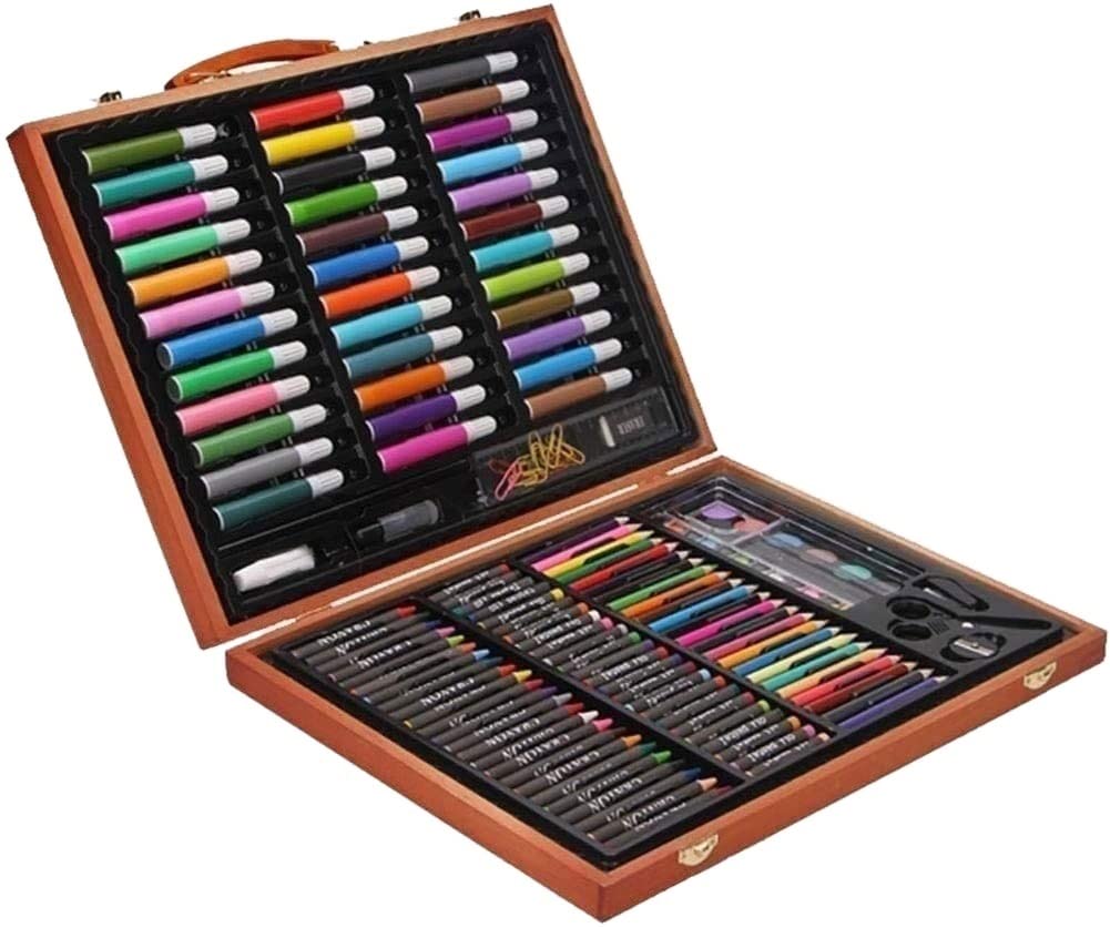 150-Piece Deluxe Art Set with Portable Wooden Case - Includes Crayons, Oil Pastels, Colored Pencils, Acrylic Paints & Watercolor Cakes - Perfect for Artists, Students & DIY Craft Projects