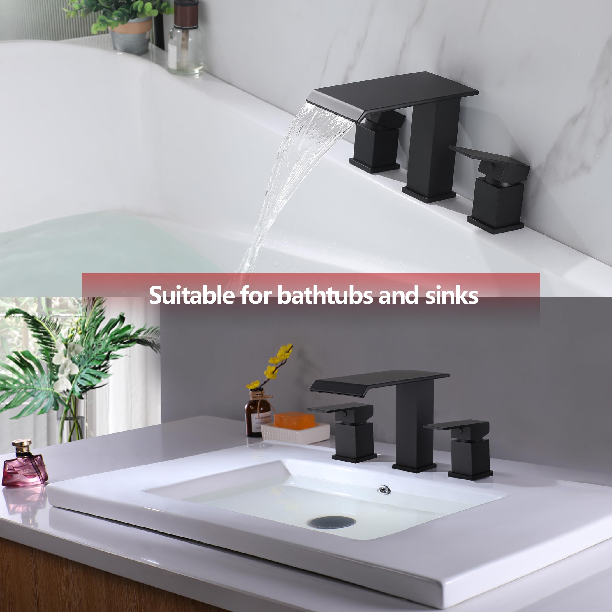 Roman Tub Faucet - 2 Handle Waterfall Spout Matte Black 3 Hole Bathtub Faucet with High Flow - Perfect for Luxury Bathrooms, Spa Retreats & Modern Home Decor
