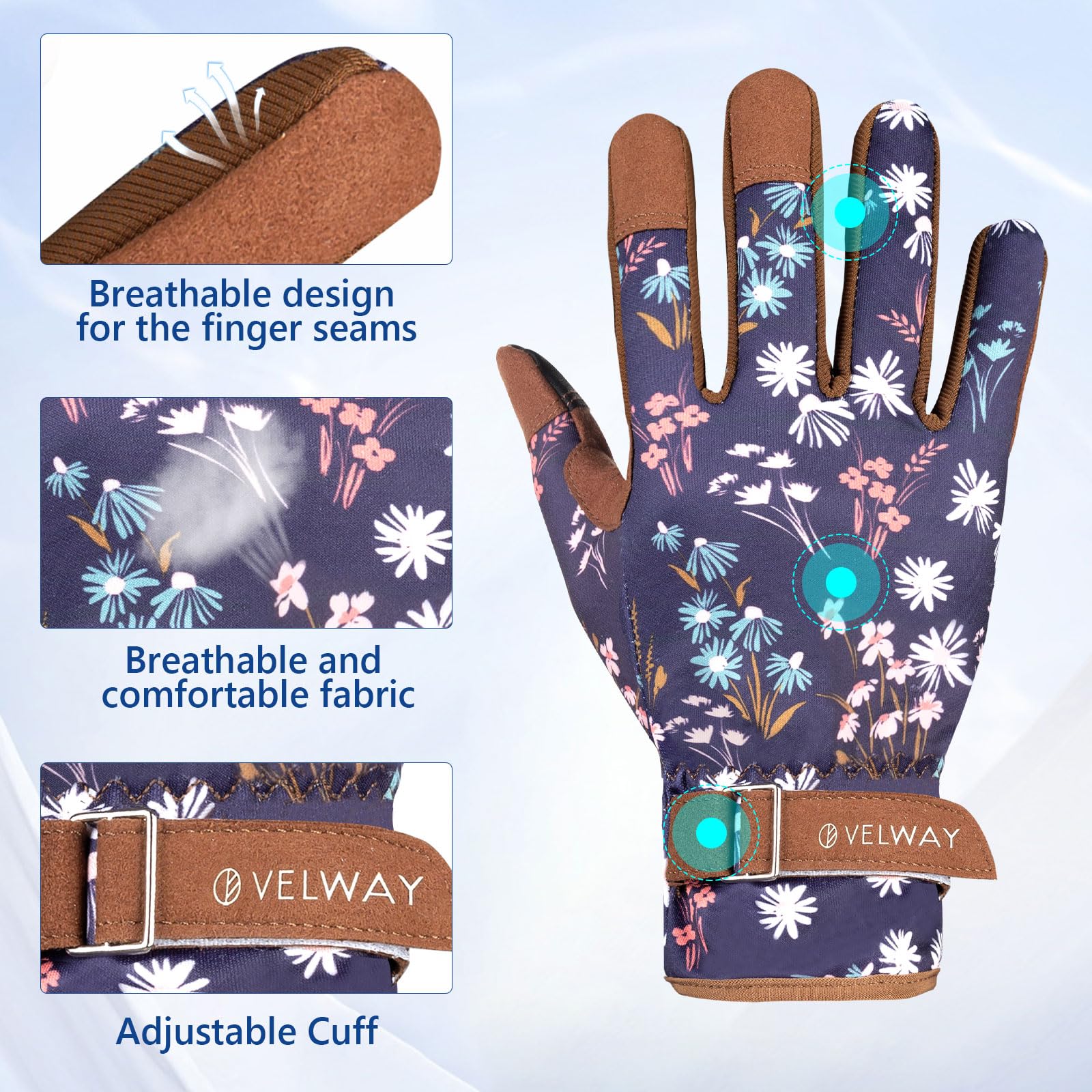 Velway Women's Gardening Gloves - Breathable Flexible Work Gloves with Touchscreen Fingertips for Weeding, Planting, Pruning - Dark Blue, Large - Perfect for Outdoor Garden Work, Landscaping & Farm Use