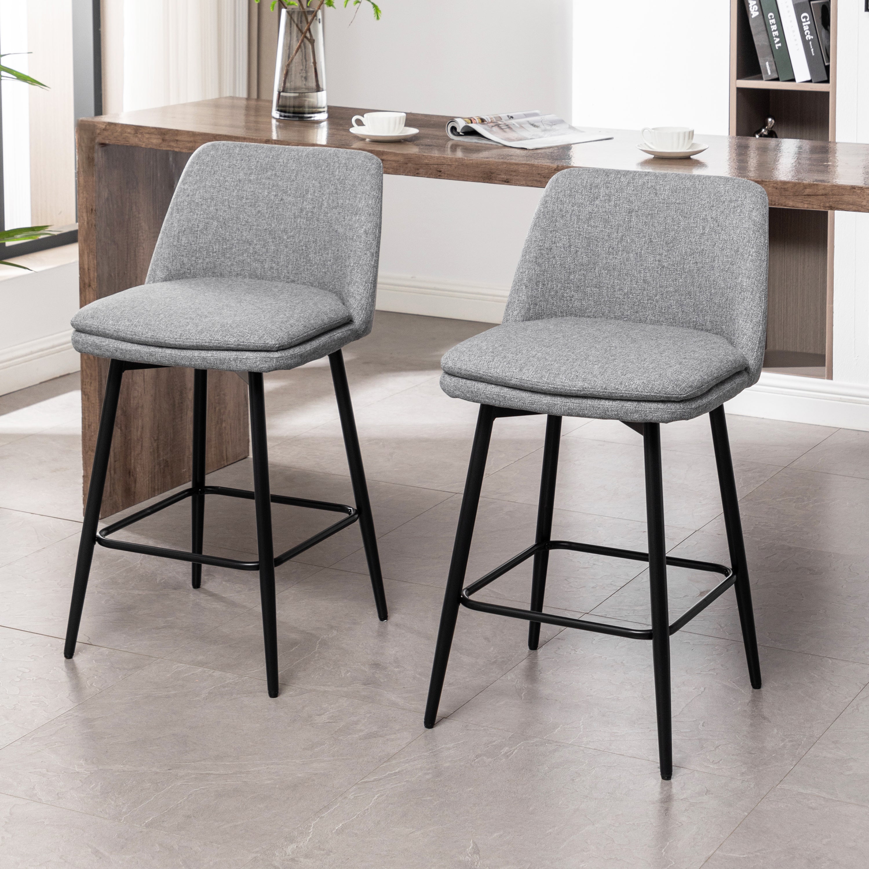 360° Swivel Counter Height Bar Stools Set of 2 - Upholstered with Back Support & Sturdy Metal Legs, 25.6