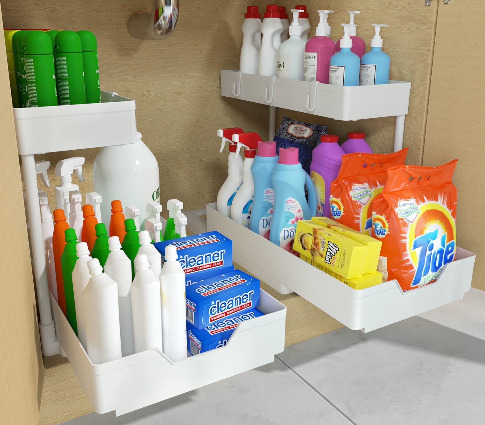 2-Tier Under Sink Organizer Set - 2 Pack Sliding L-Shaped Cabinet Storage for Kitchen & Bathroom - Space Saving Drawer Organizer for Narrow Spaces (White) - Perfect for Small Apartments & Cluttered Cabinets
