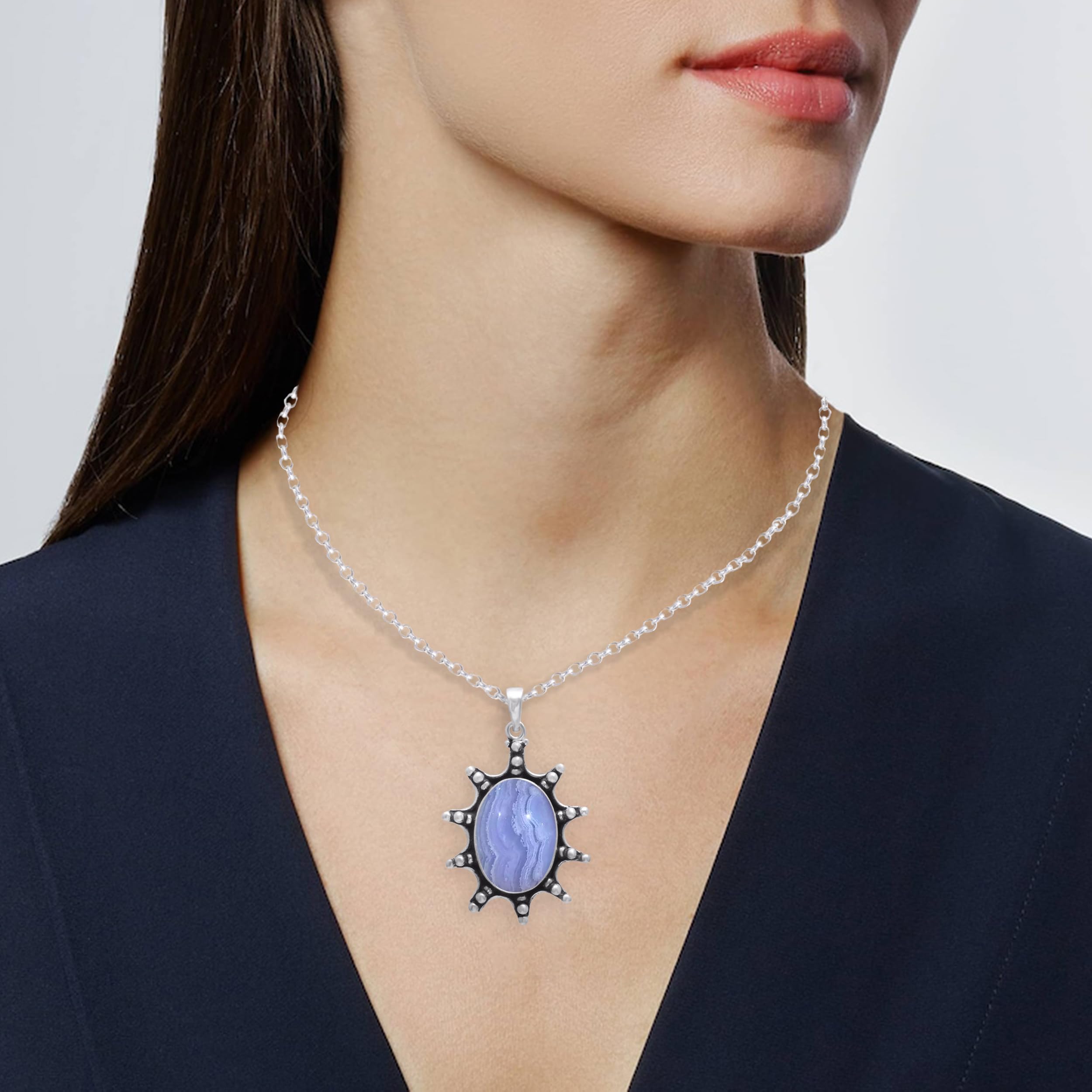 925 Sterling Silver Blue Lace Agate Pendant Necklace for Women - 18 Inch Handmade Gemstone Jewelry with Chain - Elegant Fashion Statement for Office, Date Night & Special Occasions