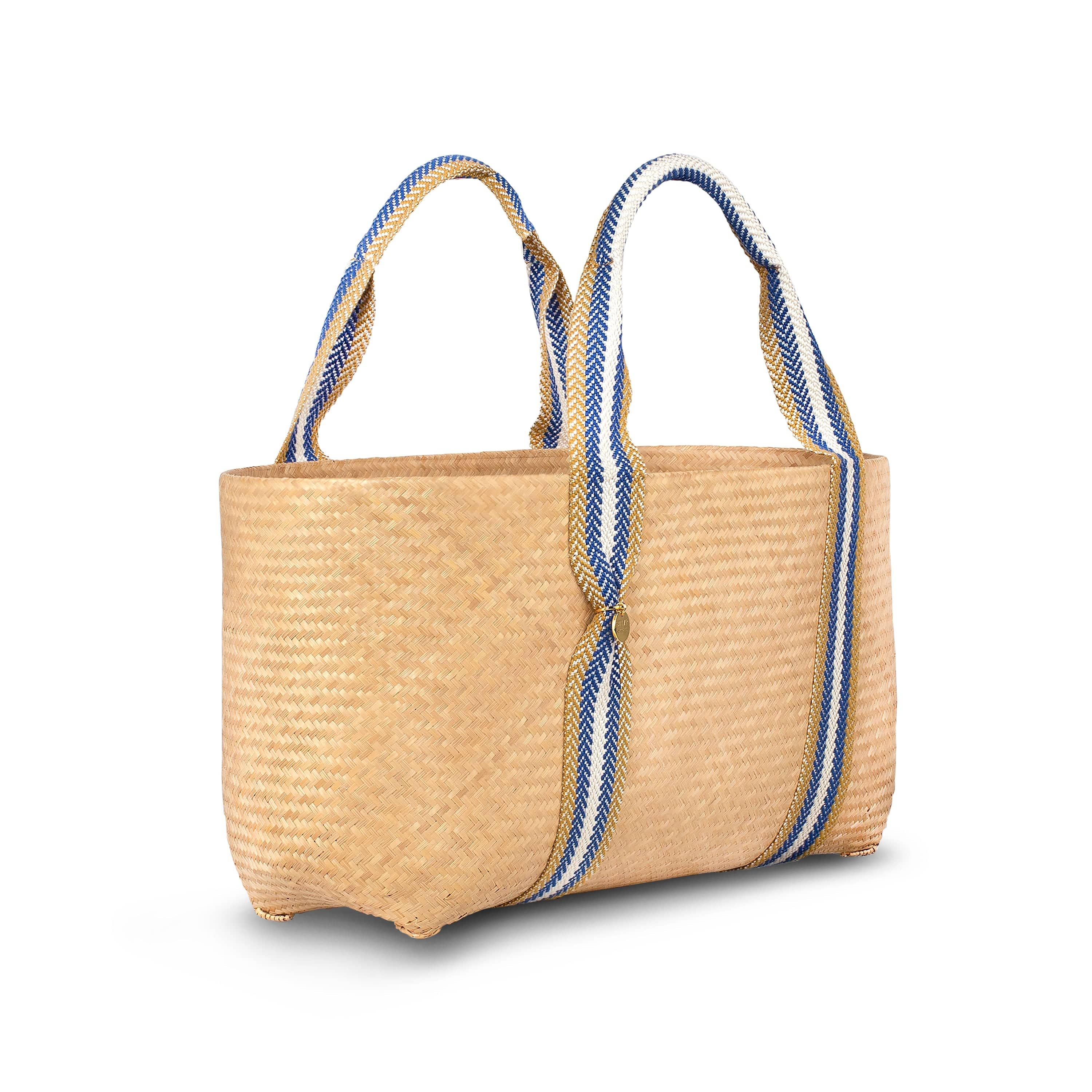 Mentawai Bamboo Vegan Large Tote Bag - Eco-Friendly Natural & Blue Stripe Beach Bag for Women | Perfect for Shopping, Travel, and Beach Day