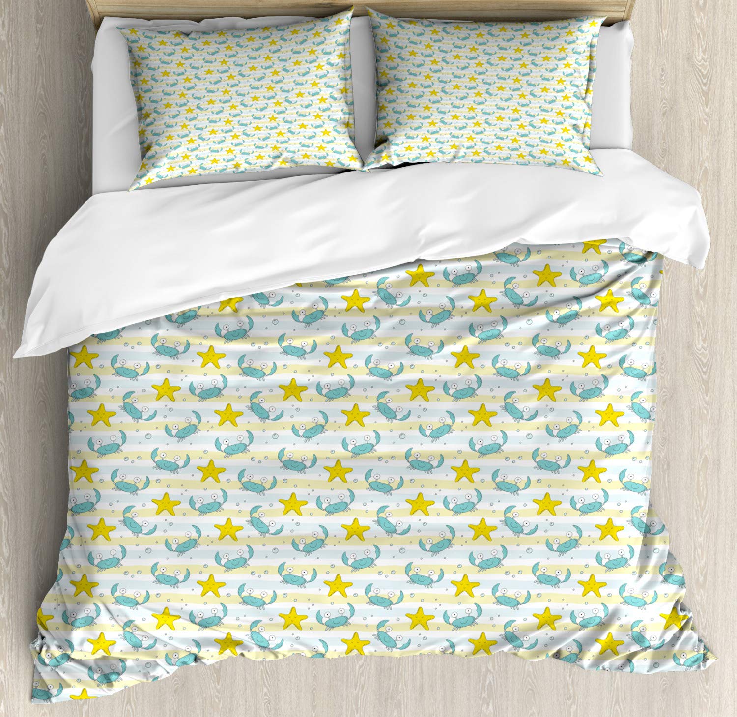 Ambesonne Marine King Size Duvet Cover Set - Ocean Theme with Crabs, Starfish, Bubbles & Lines Pattern | 3-Piece Bedding Set with 2 Pillow Shams | Yellow Seafoam Color | Perfect for Beach House, Nautical Nursery or Coastal Bedroom Decor