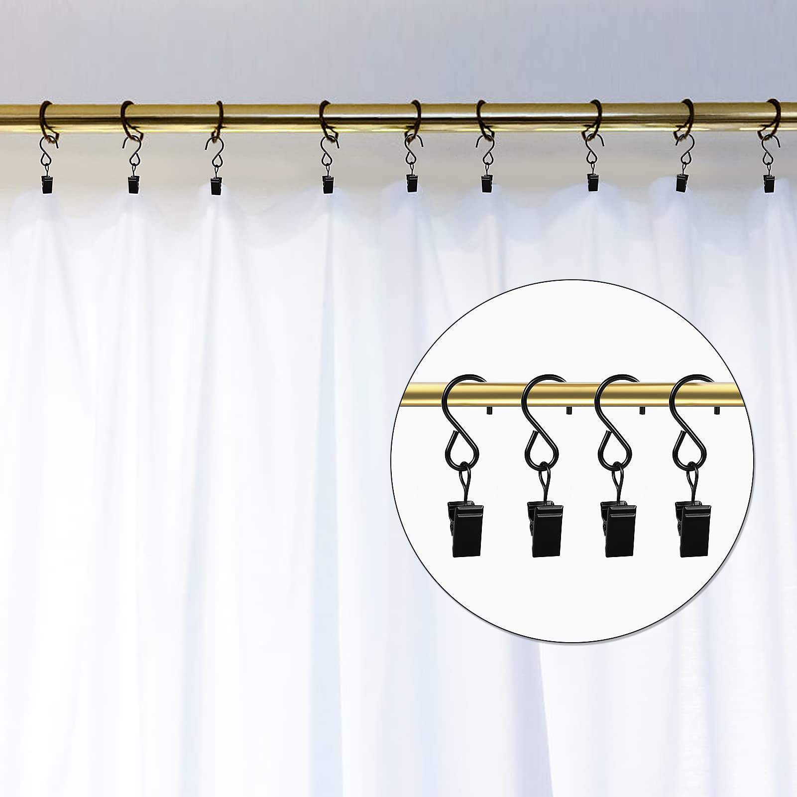 46 Pack Stainless Steel S Hooks - Heavy Duty Curtain Hooks & Light Clips for Indoor/Outdoor Use - Perfect for String Lights, Shower Curtains, Photo Backdrops & Home Decor