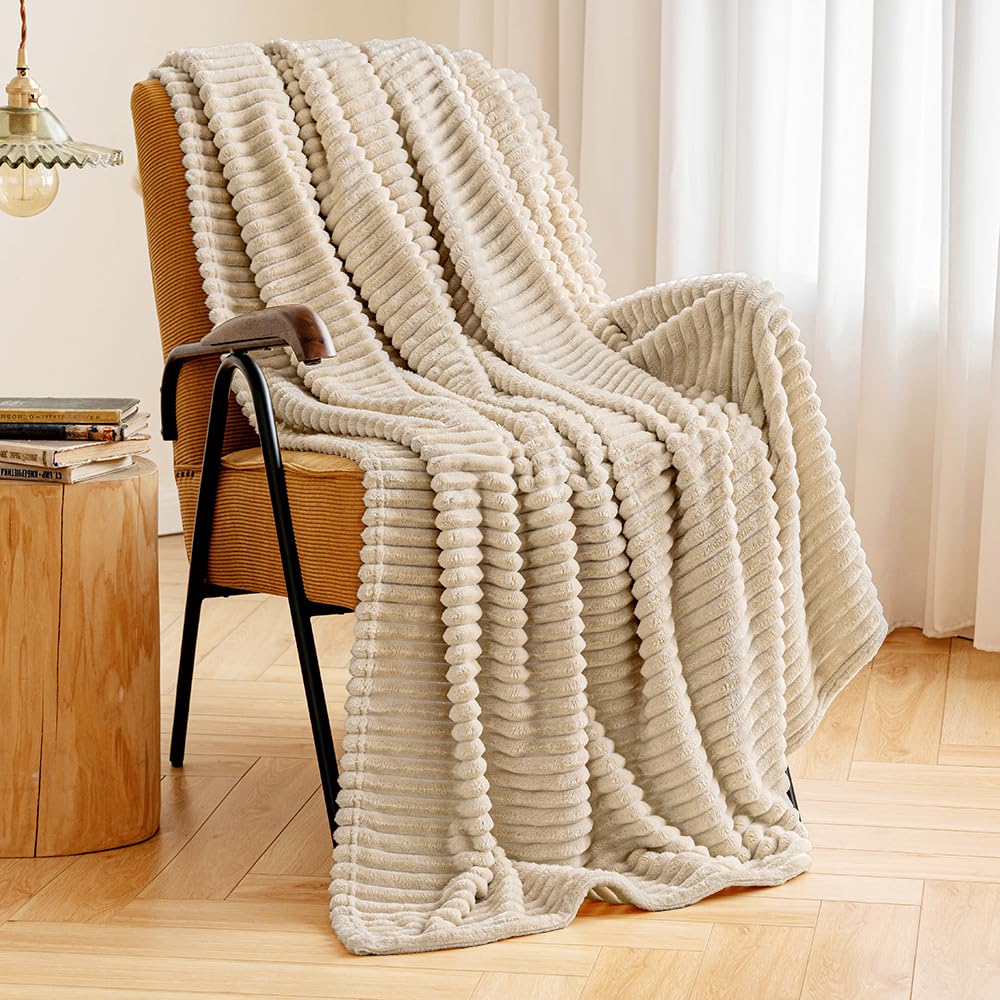 MIULEE Soft Fleece Throw Blanket - Striped Fuzzy Flannel Blanket for Couch, Bed & Sofa - Warm Cozy Twin Size 60x80 Inches - Perfect for Winter Nights, Movie Time & Boho Home Decor