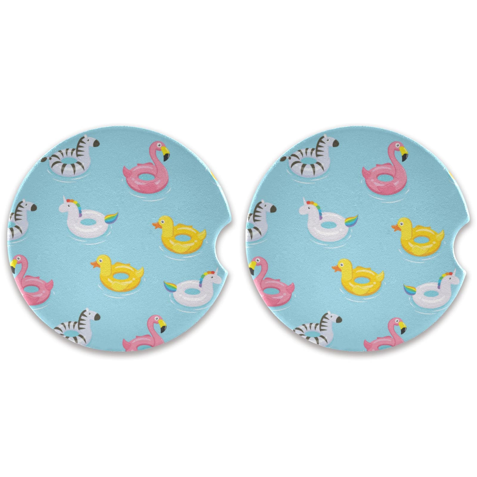 2-Pack Inflatable Rubber Duck Car Coasters with Cork Back & Finger Slot - Absorbent Cup Mats for Flamingo, Unicorn, Zebra Designs - Easy Removal Mug Holder Protects Car Seats - Perfect for Road Trips, Commuting & Daily Drives