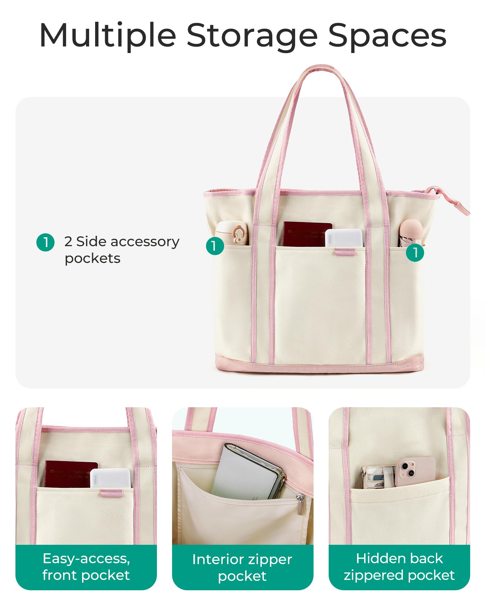 BAGSMART Women's Canvas Tote Bag with Zipper & Multiple Compartments - Stylish Shoulder Handbag for Travel, Shopping, Work & Daily Use | Durable & Spacious Organizer Purse for Commute, Beach & Office Essentials