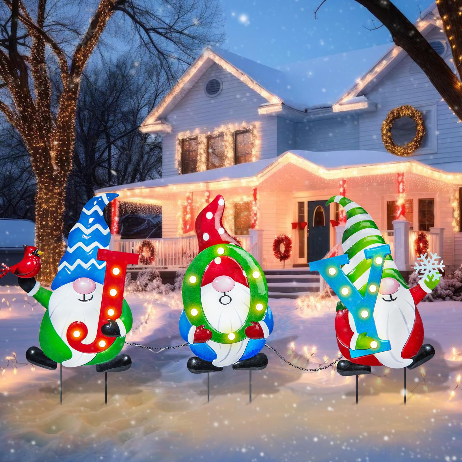 3 Pack Christmas Yard Stakes with Battery Powered Lights - Waterproof Outdoor Gnome Decorations for Lawn, Garden & Holiday Parties | Joyful Xmas Metal Signs for Home & Yard Decor