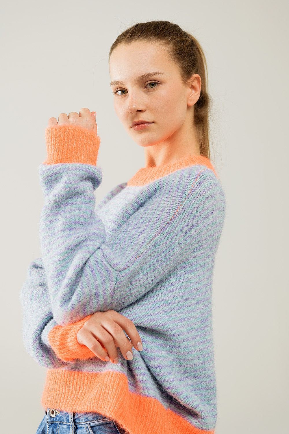 Oversized Light Blue/Orange Knit Pullover Sweater - Cozy Casual Wear for Fall & Winter | Perfect for Layering and Everyday Outfits