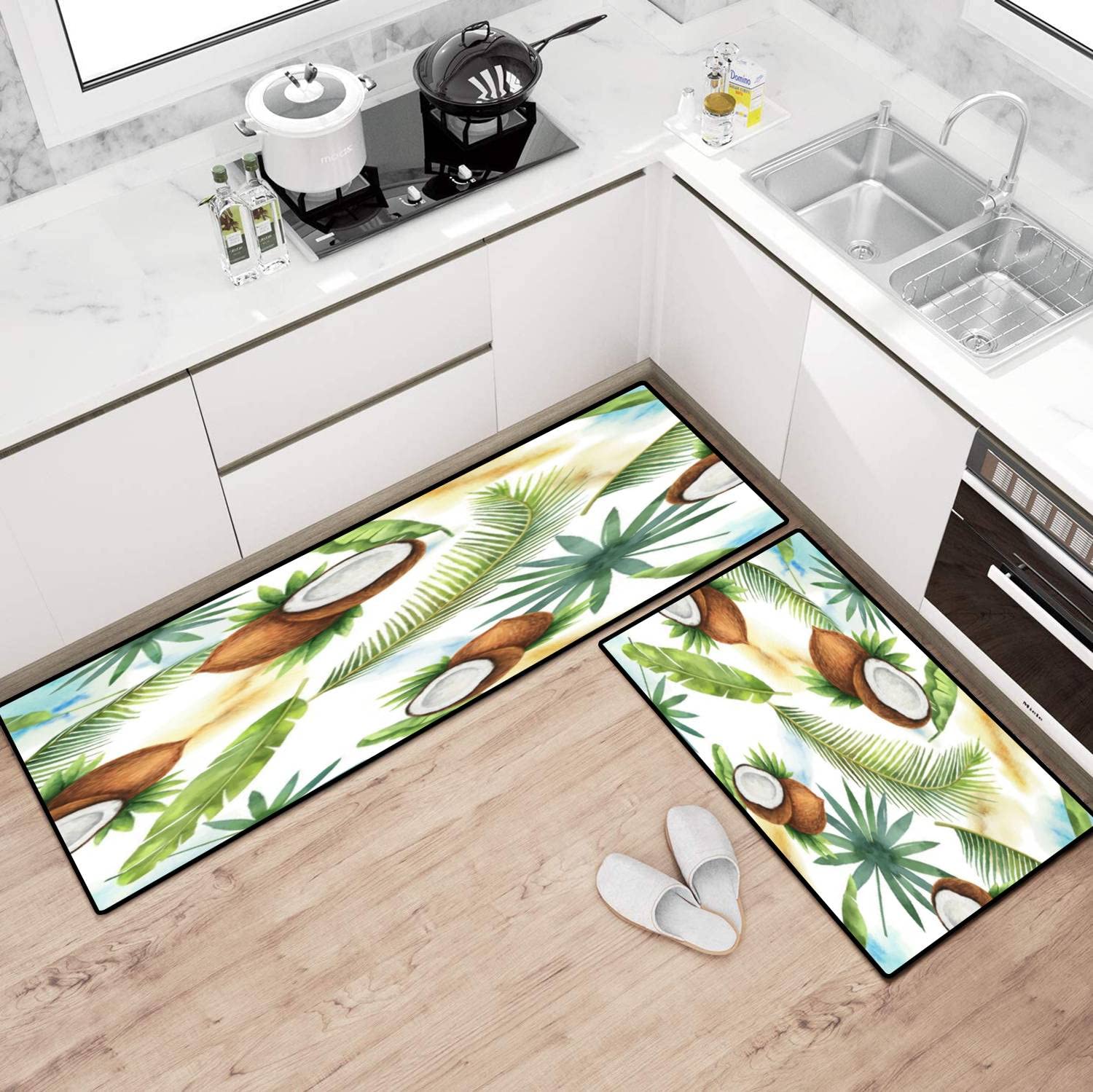 Non-Slip Washable Kitchen Rugs Set - Watercolor Coconut & Palm Tree Design Floor Mats, Anti-Fatigue Standing Mats for Kitchen, Bathroom, Entryway Decor - Perfect for Home, Office, and High-Traffic Areas