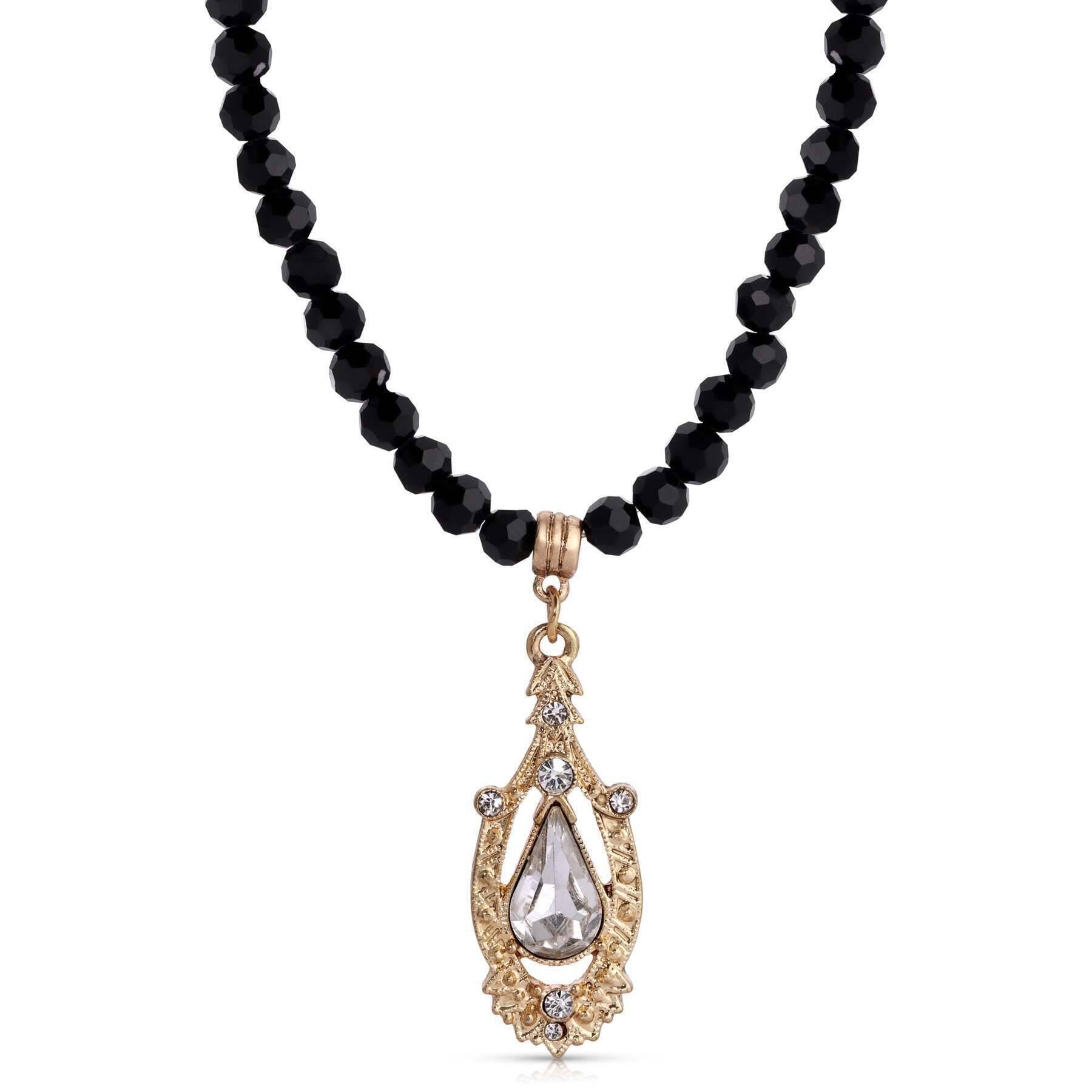 1928 Jewelry Minuit Black Glass Beaded Crystal Pendant Necklace with 15