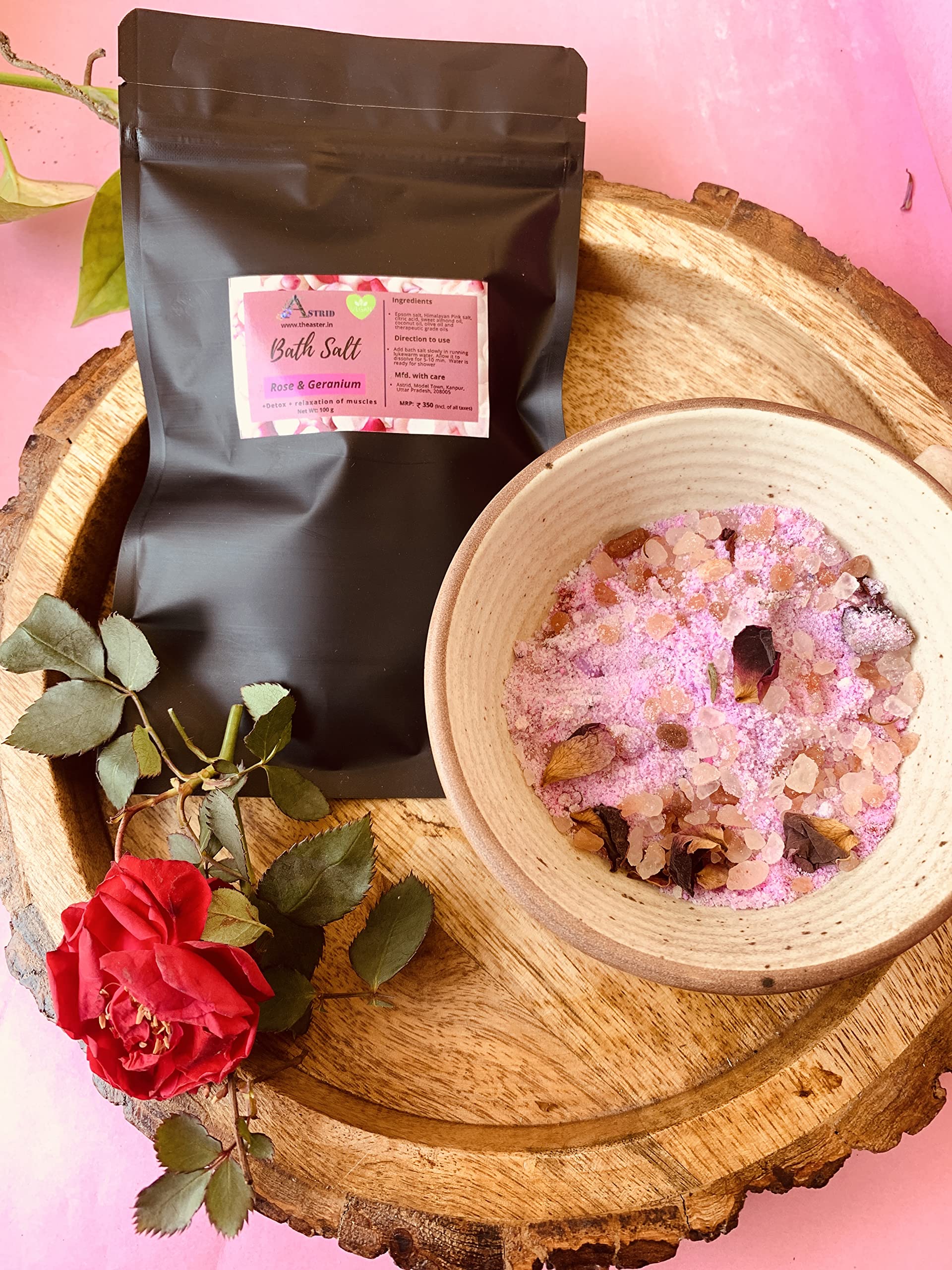 Astrid Rose & Geranium Bath Salt – 100g Natural Relaxation Bath Soak for Stress Relief, Foot Spa, Aromatherapy | Paraben & Sulfate-Free | Perfect for Self-Care, Gift Sets & Luxury Bath Time