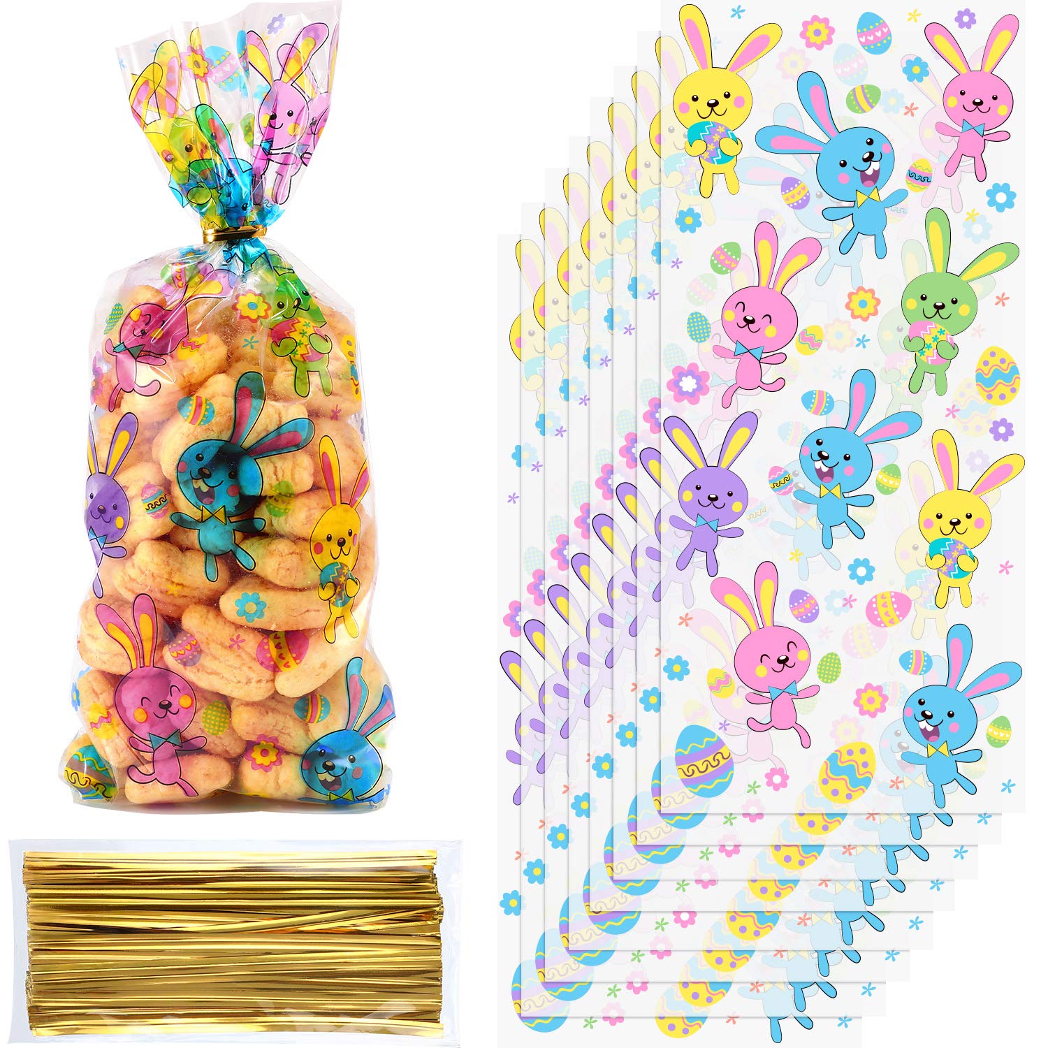 100 Pack Easter Treat Bags - Bunny Candy Cellophane Goodie Bags for Easter Egg Hunt, Party Favors & Gift Giving (Rabbit Design) - Perfect for Classroom Treats, Birthday Parties & Holiday Celebrations