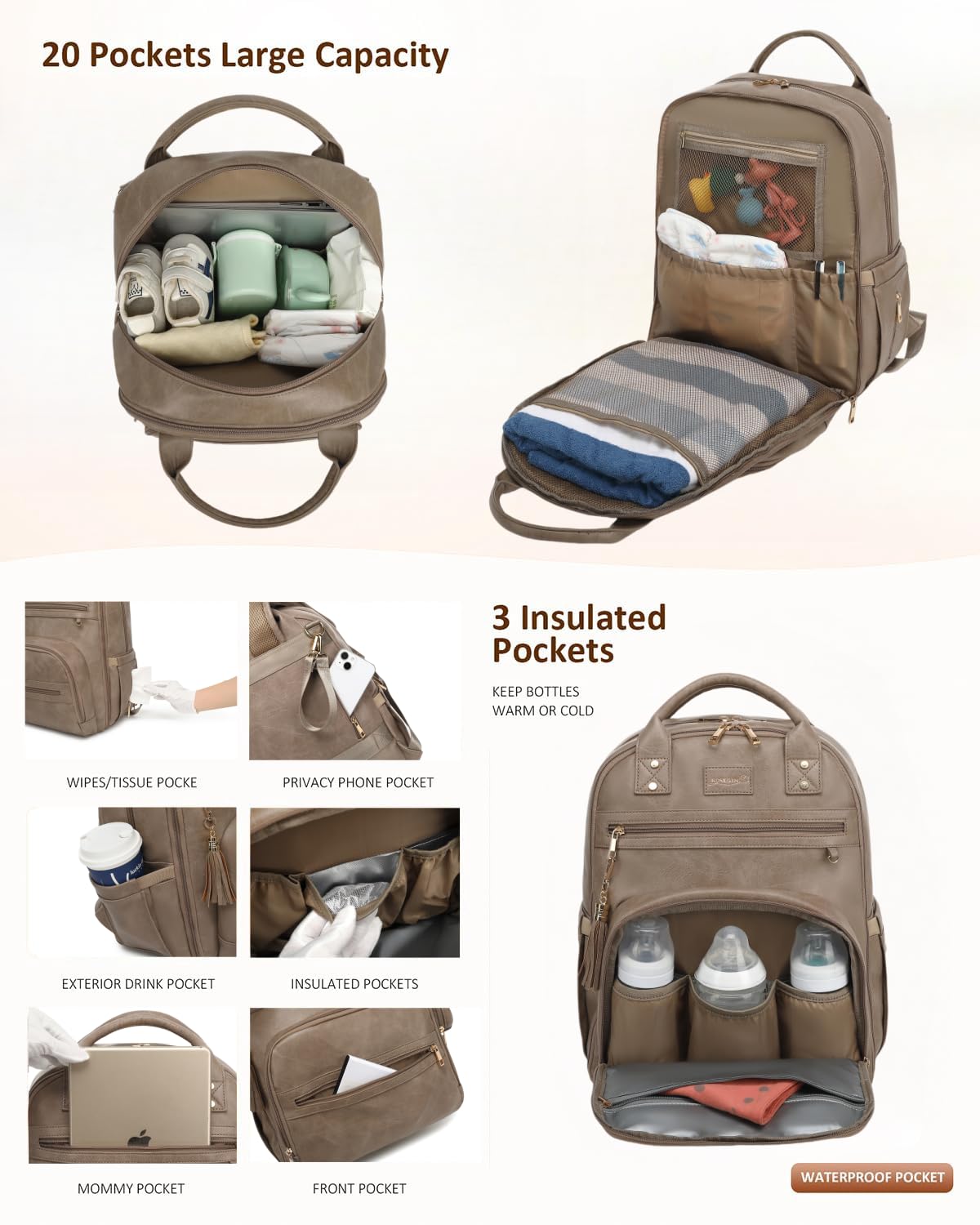 Premium Vegan Leather Diaper Bag Backpack - Waterproof Baby Changing Pad, 20 Pockets Organizer, Reinforced Zippers & Odor-Free, Fits 15.6