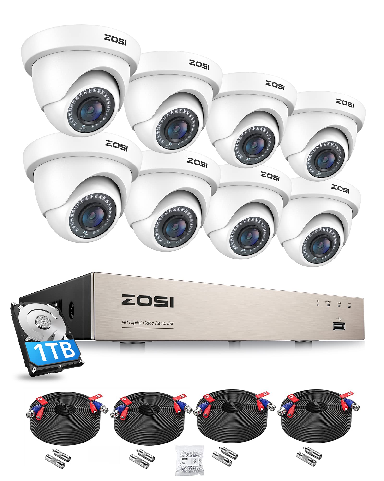 ZOSI 8CH 1080P Security Camera System with 1TB HDD - 8 Channel 5MP HD-TVI DVR Recorder & 8x 1920TVL CCTV Cameras - Includes 4x 100ft All-in-One Video Power Cables, 80ft Night Vision, Remote Access - Ideal for Home & Business Surveillance
