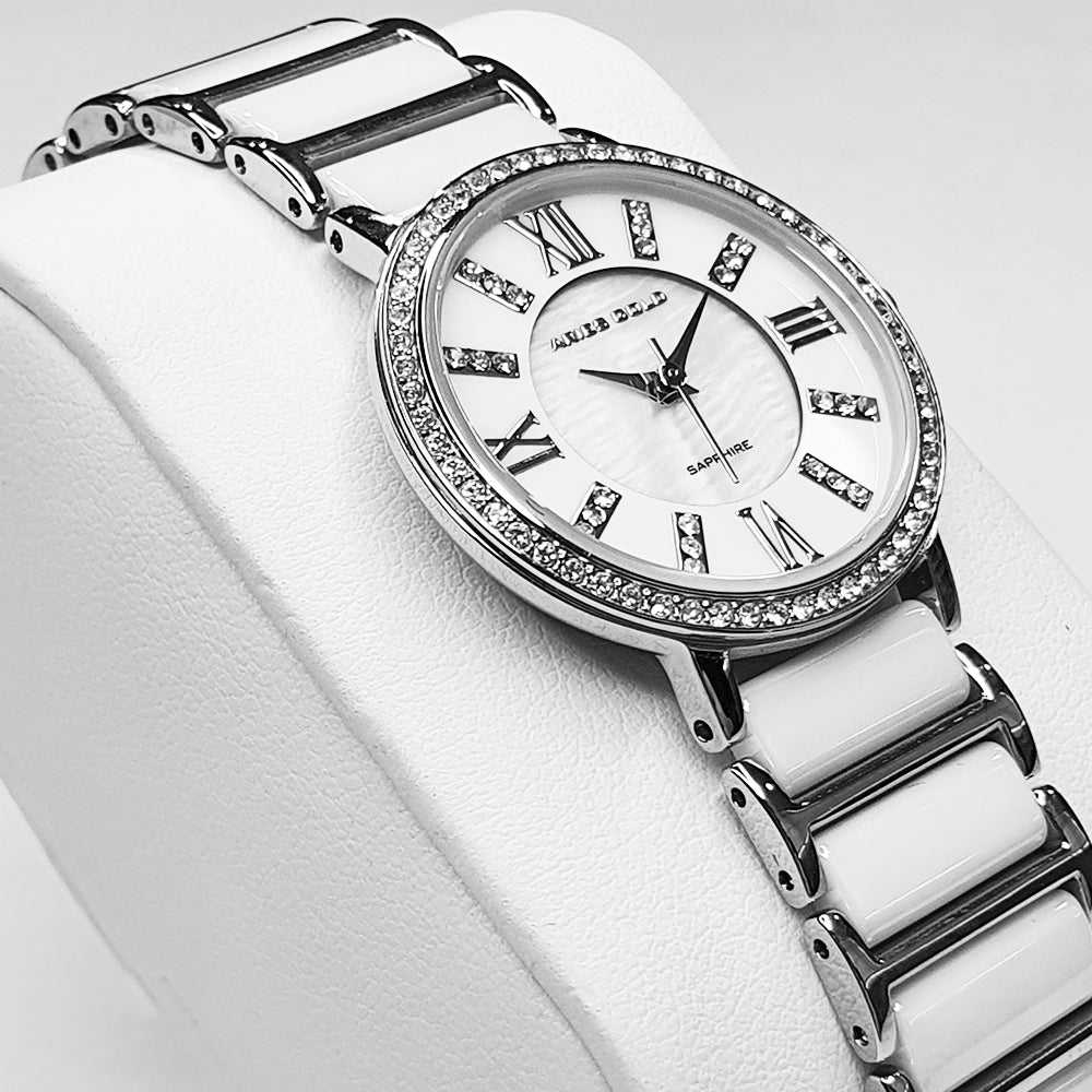 ARIES GOLD ENCHANT GLITTER Silver Stainless Steel Women's Watch with White Ceramic Band - Elegant Timepiece for Office, Party & Special Occasions