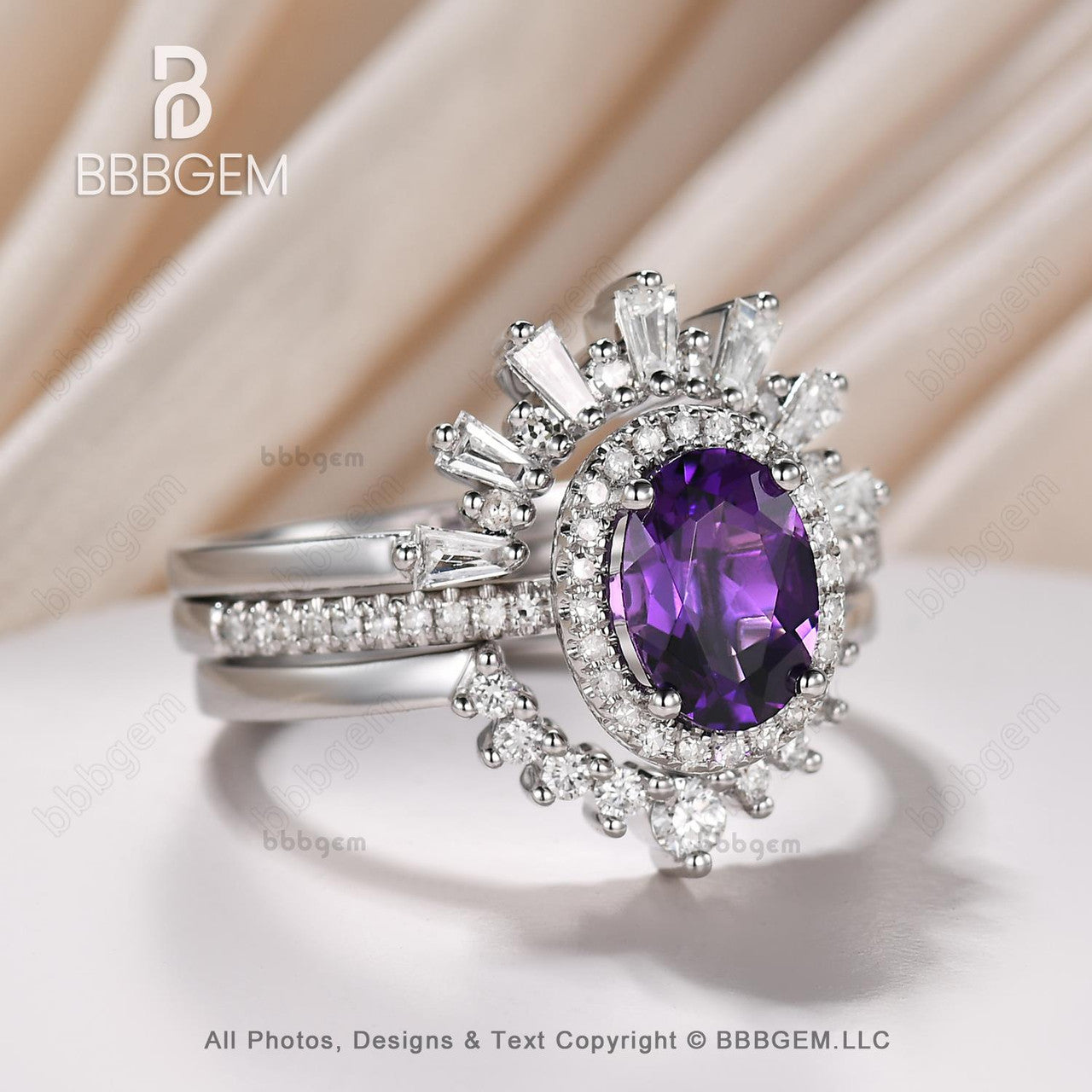 3pcs Vintage Oval Cut Purple Natural Amethyst Bridal Set Diamond Wedding Band Cocktail Ring for Women - Elegant Jewelry Gift for Brides, Engagement, Anniversary & Special Occasions