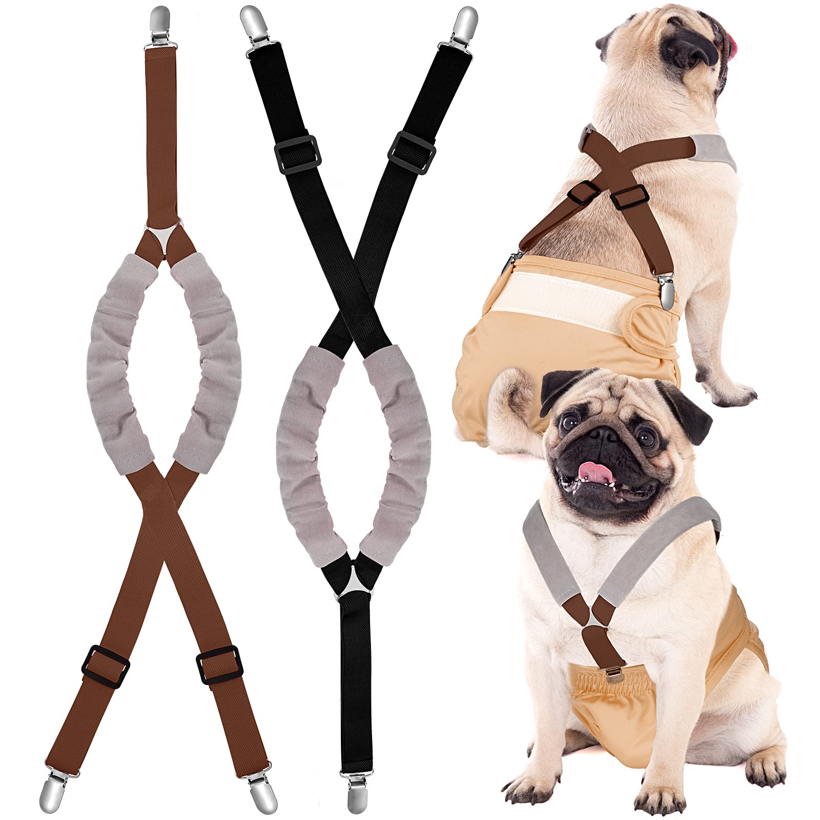 Saintrygo 2 Packs Adjustable Dog Suspenders for Diapers - Belly Bands Harness to Secure Pet Diapers for Small, Medium & Large Dogs (Black, Brown, Small) - Perfect for Incontinence, Travel & Post-Surgery Care