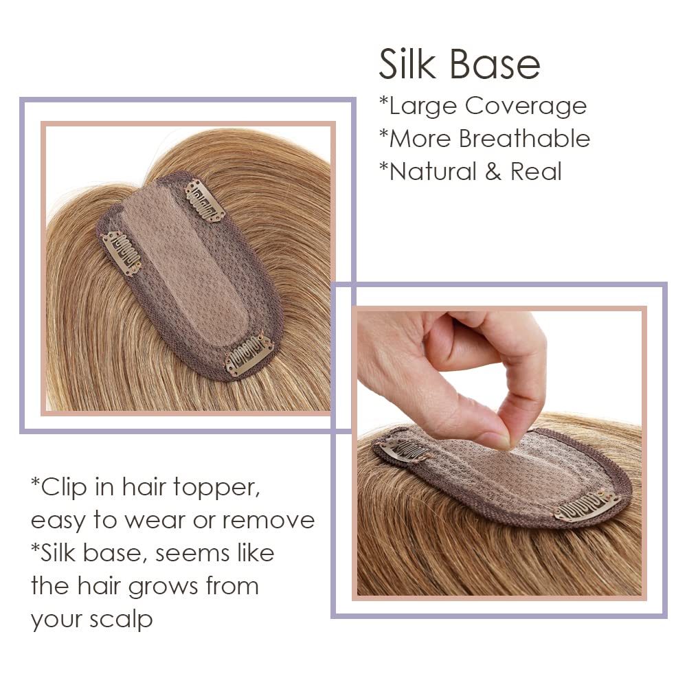 MY-LADY Human Hair Toppers for Women - 150% Density Remy Hair Topper with Silk Base (7x13cm, No Bangs) - Clip in Hair Piece for Thinning Hair - 12 Inch Straight Hair Topper in #27 Dark Blonde - Perfect for Daily Wear, Special Occasions & Hair Loss Solutions