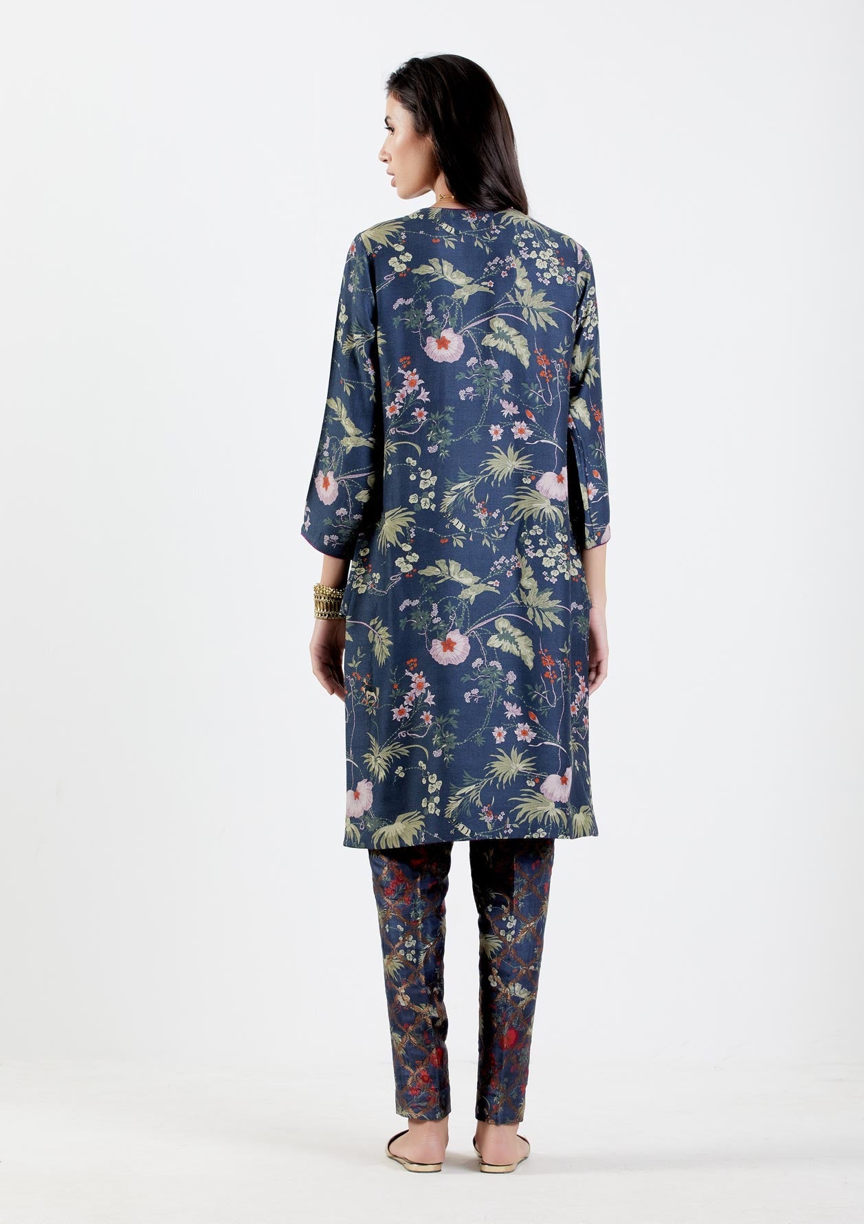 Elegant V Neck Kurta for Women - Premium Muga Satin Fabric in Midnight Blue - Perfect for Festivals, Weddings & Special Occasions