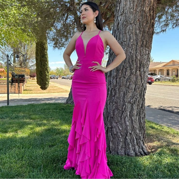 Elegant Hot Pink Ruffle Long Prom Dress for Women - Formal Evening Gown for Homecoming, Ball, Party & Special Occasions | Style J5520