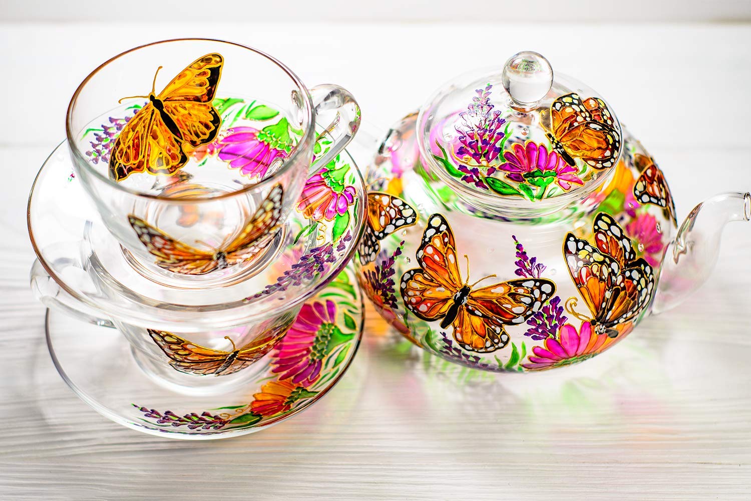 Hand-Painted Butterflies & Flowers Teapot Set with 2 Cups & Saucers - Elegant Wedding & Mother's Day Gift for Women - Luxury Tea Accessories for Afternoon Tea Parties & Bridal Showers