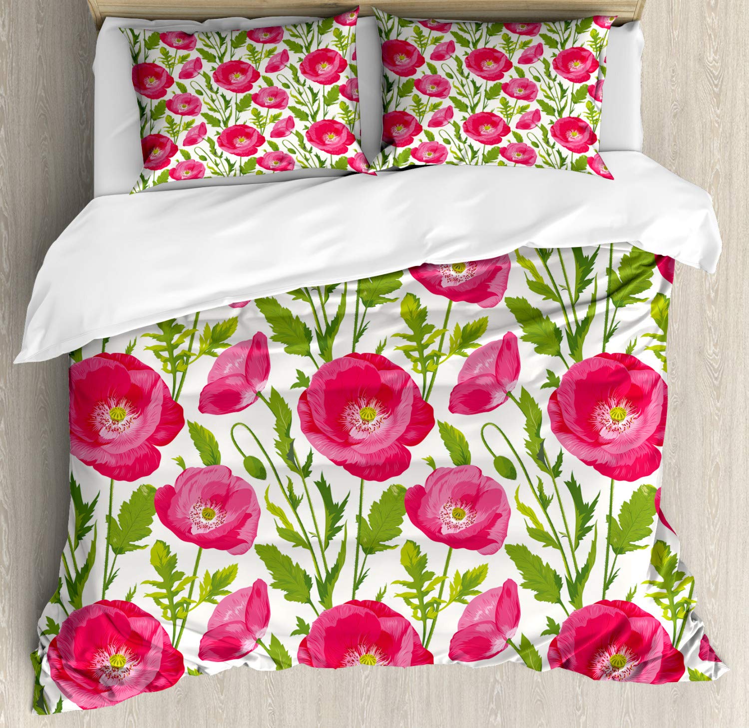 Ambesonne Floral Duvet Cover Set - California King 3-Piece Bedding with Poppy Flower Design, Watercolor Leaves & Petals in Green Pink Cream - Romantic Valentine's Day Decor for Master Bedroom & Guest Room
