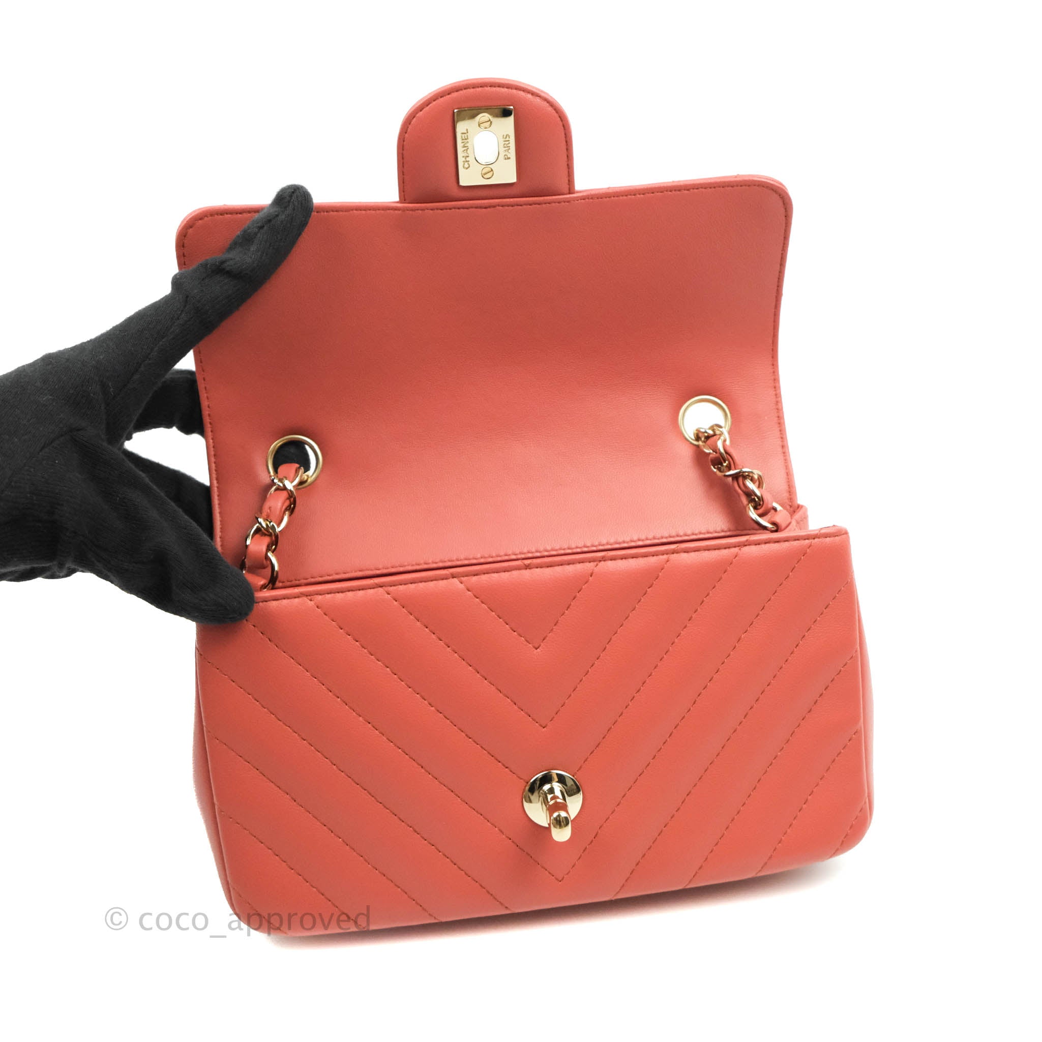 Chanel Chevron Mini Rectangular Flap Bag in Brick Red Lambskin Leather with Aged Gold Hardware - Luxury Crossbody Purse for Women, Perfect for Date Night & Special Occasions