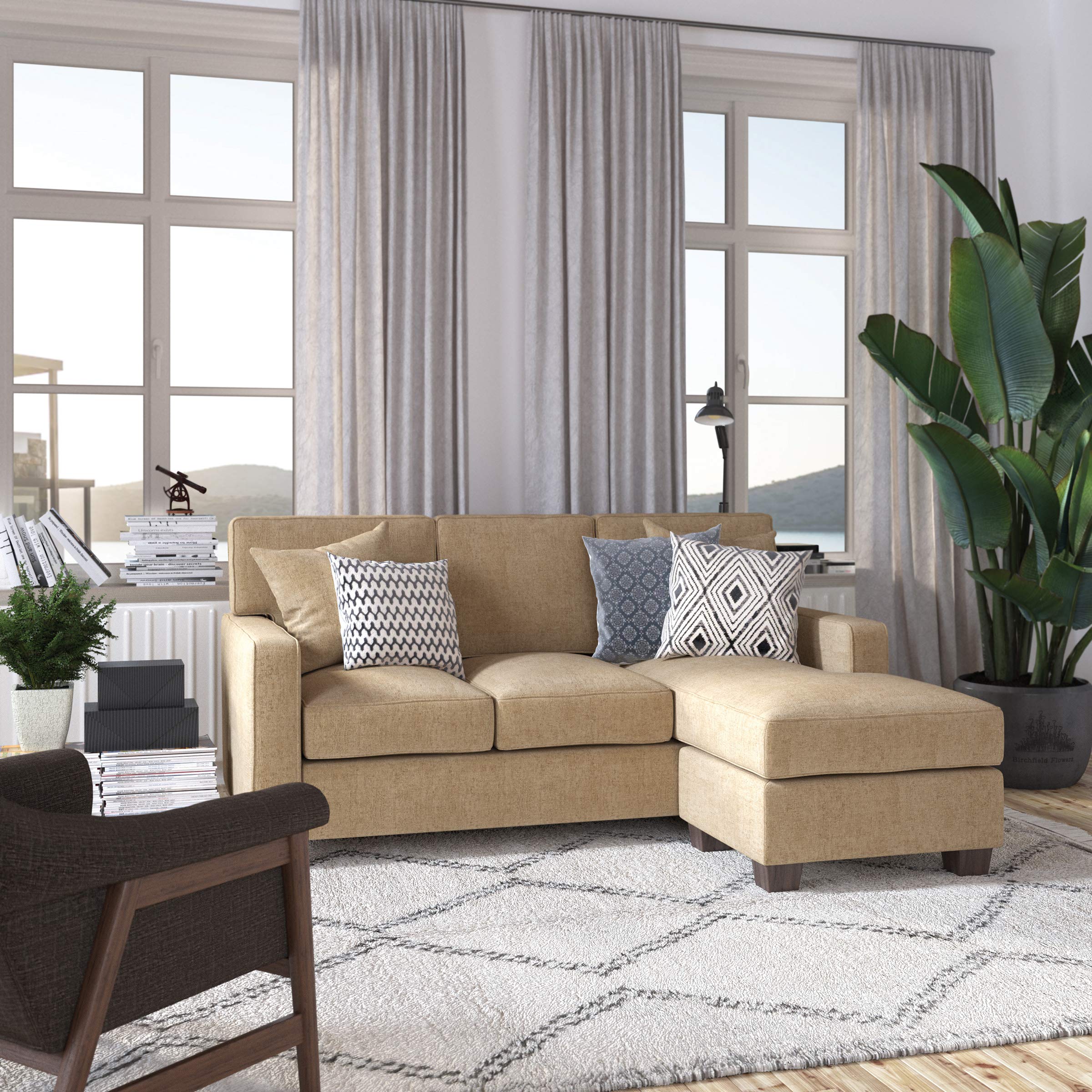 OSP Home Furnishings Russell Reversible Sectional Sofa with 2 Pillows & Coffee Finished Legs - Modern Earth-Toned Living Room Furniture for Small Spaces & Family Gatherings