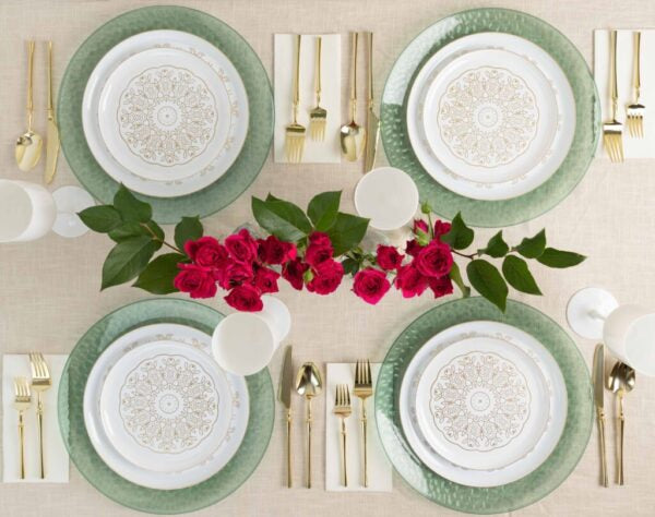20-Pack White and Gold Round Plastic Dinnerware Set - Elegant Medallion Design for 10 Guests - Perfect for Weddings, Parties, and Formal Events