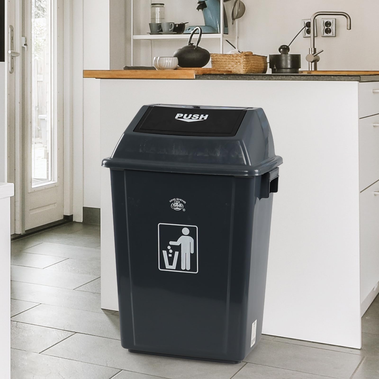 13 Gallon Plastic Swing Lid Trash Can - 4 Pack Outdoor Garbage Bin with Leak-Proof Design, Heavy Duty & Weather Resistant for Patio, Backyard, Garage, and Commercial Use (Grey)