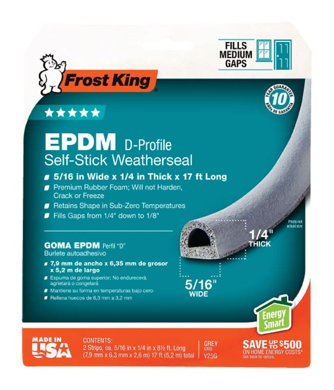 Frost King Gray EPDM Rubber Foam Weather Stripping Tape - 17 ft. x 1/4 in. Self-Adhesive Door & Window Seal for Insulation, Draft & Noise Reduction - Perfect for Home, Garage & RV Weatherproofing