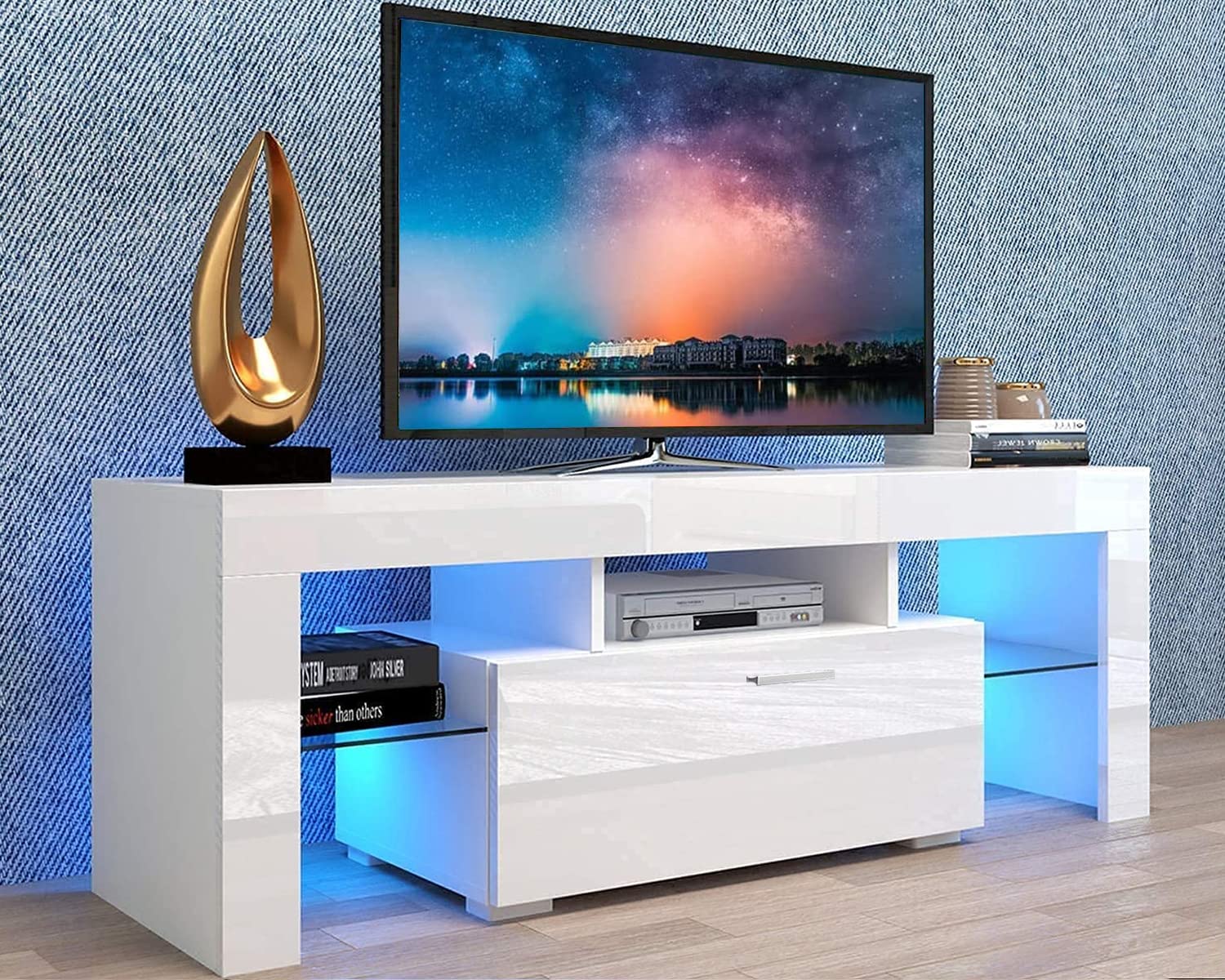 55 Inch LED TV Stand with Storage Cabinet - High Gloss Entertainment Center & Media Console Table for Living Room | Perfect for Home Theater Setup & Living Room Organization