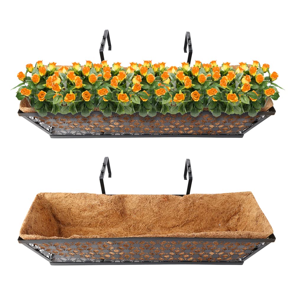 24 Inch 2 Pack Black Metal Hanging Window Box Planters with Coco Liners - Garden Trough Flower Pots for Balcony, Patio, and Outdoor Decor (HZYUN)