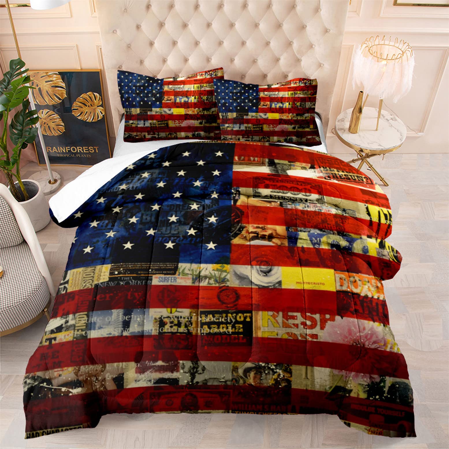 EDUMEYA Retro American Flag Bedding Set - Queen Size Red White Stripe Comforter & Duvet Cover with 2 Pillowcases - Patriotic Decor for Girls, Teens, Kids - Perfect for Independence Day, Freedom Themed Bedroom & Holiday Decorations