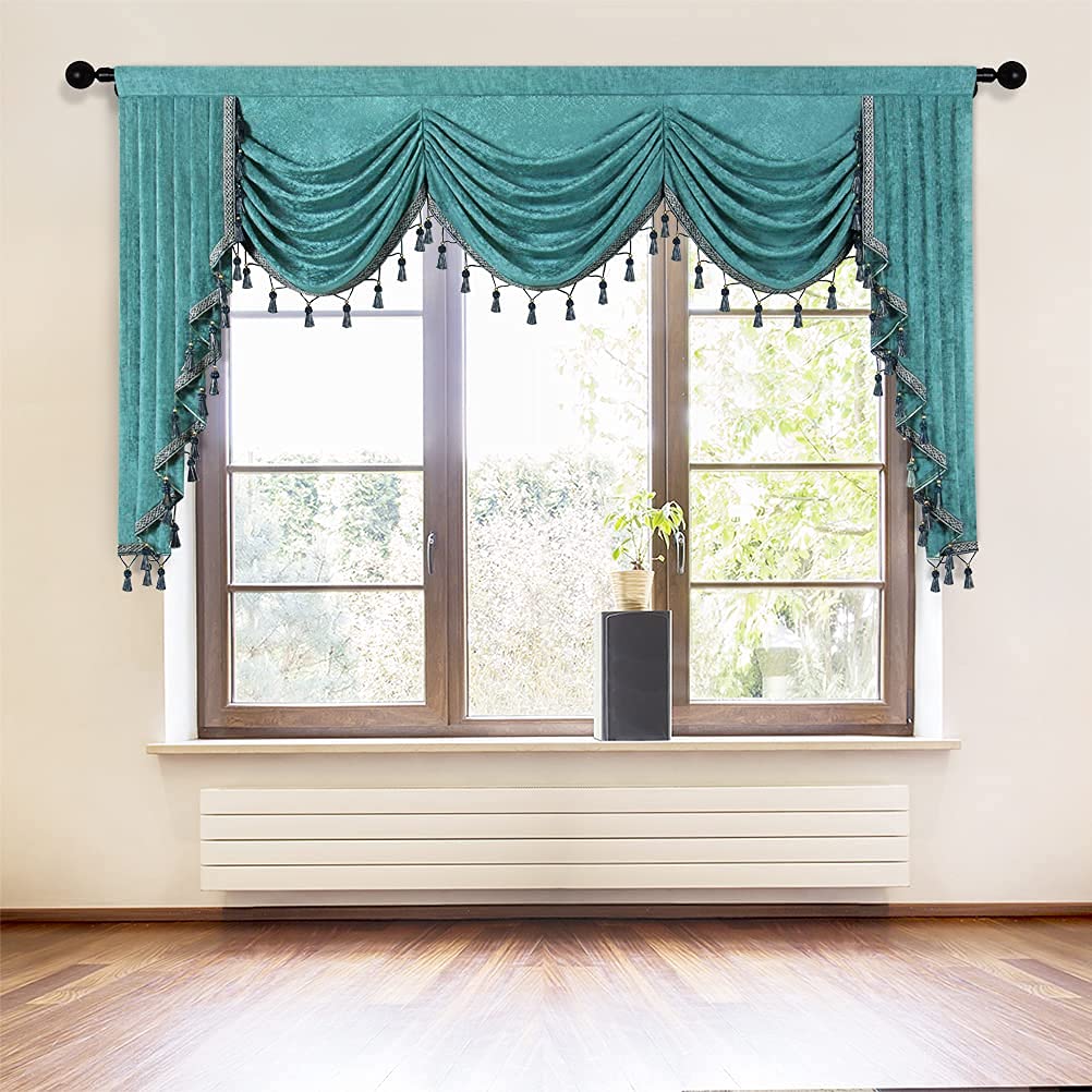 ELKCA Thick Chenille Window Curtain Valance - 89 Inch Wide Turquoise Waterfall Valance Panel for Living Room & Bedroom - Soft Thermal Insulating Home Decor for Windows, Doors, and Patio