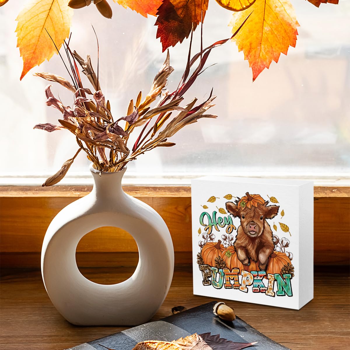 Western Cow Wood Box Sign - Fall Home Decor for Farmhouse & Office
