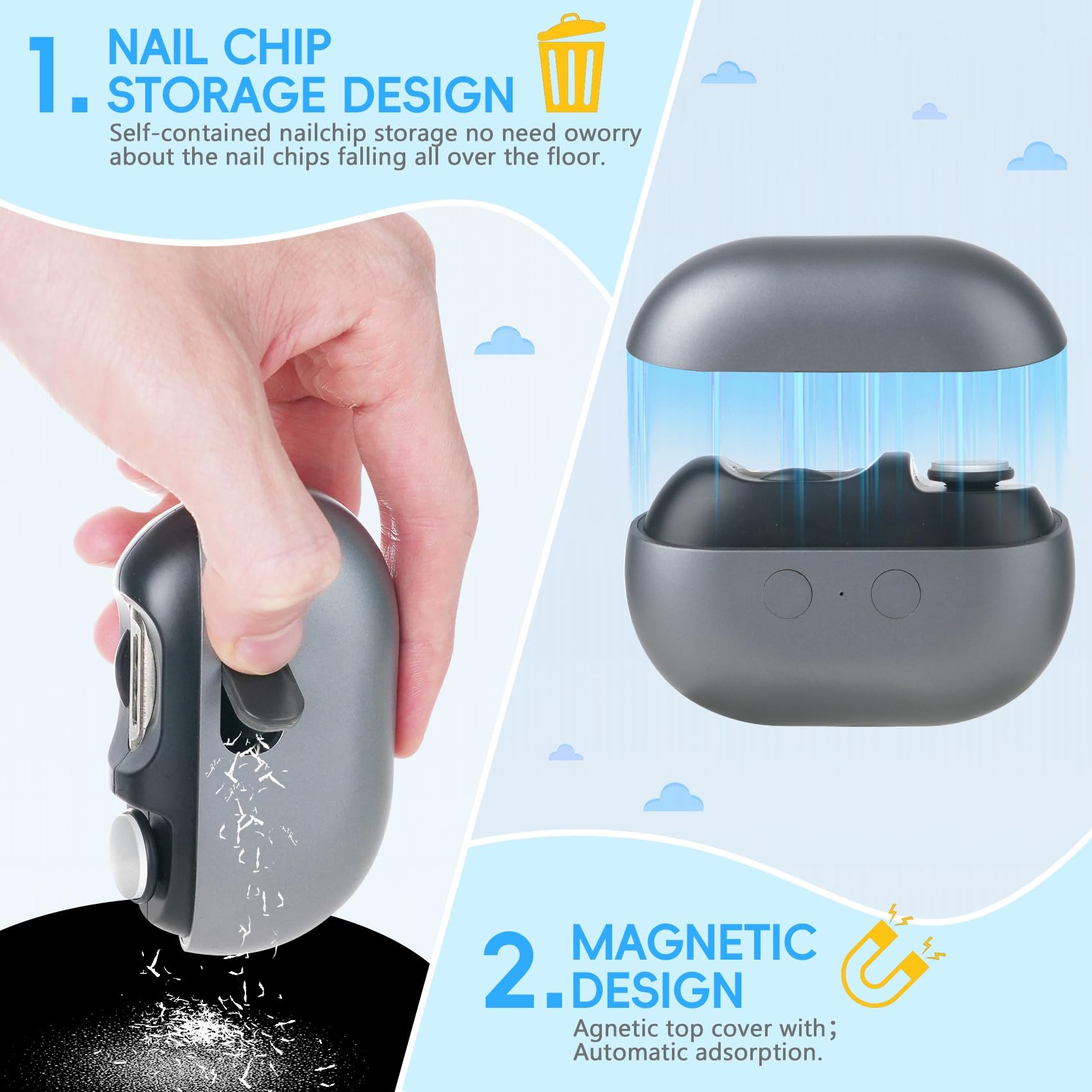 Electric Nail Clipper - 3 in 1 USB Rechargeable Nail Trimmer & Polisher with LED Light & Storage Case, 2 Speed Settings for Baby, Kids, Adults & Seniors (Frosted Black) - Perfect for Home, Travel & Salon Use