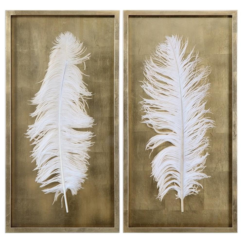 BOWERY HILL Modern 2-Piece White Feather Wall Art Panel Set - Elegant Home Decor for Living Room, Bedroom & Office