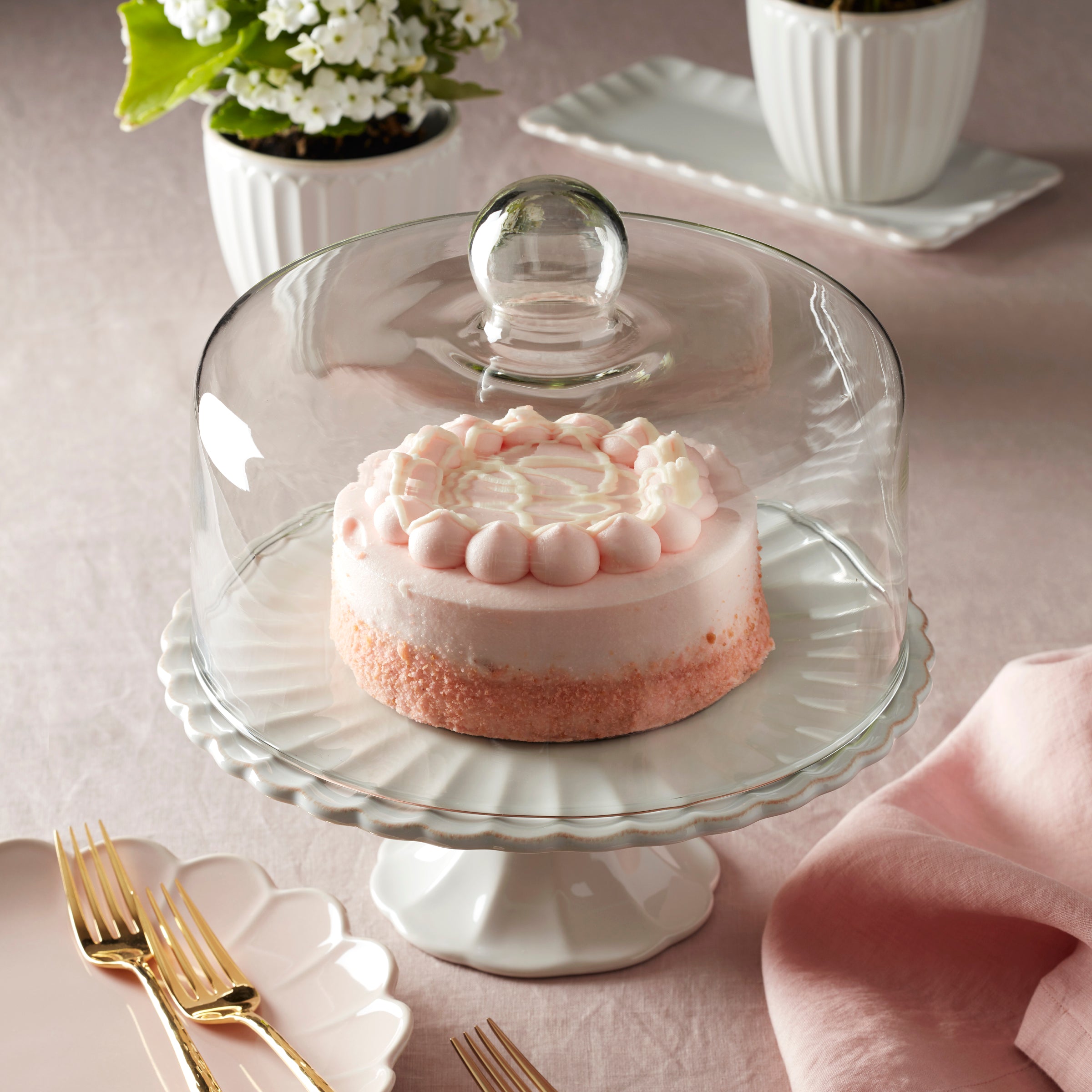 French Pearl White Cake Plate with Glass Dome - Elegant Serving Platter for Wedding, Birthday, and Afternoon Tea Parties