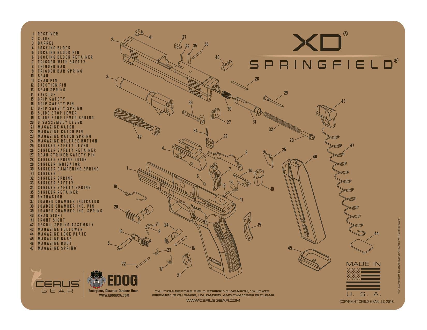 EDOG XD Gun Cleaning Mat - Tan Schematic (Exploded View) for Springfield Armory XD Series Pistols | 3mm Padded, Oil-Resistant, Protects Firearm & Magazines | Perfect for Gun Maintenance, Cleaning & Workbench Protection