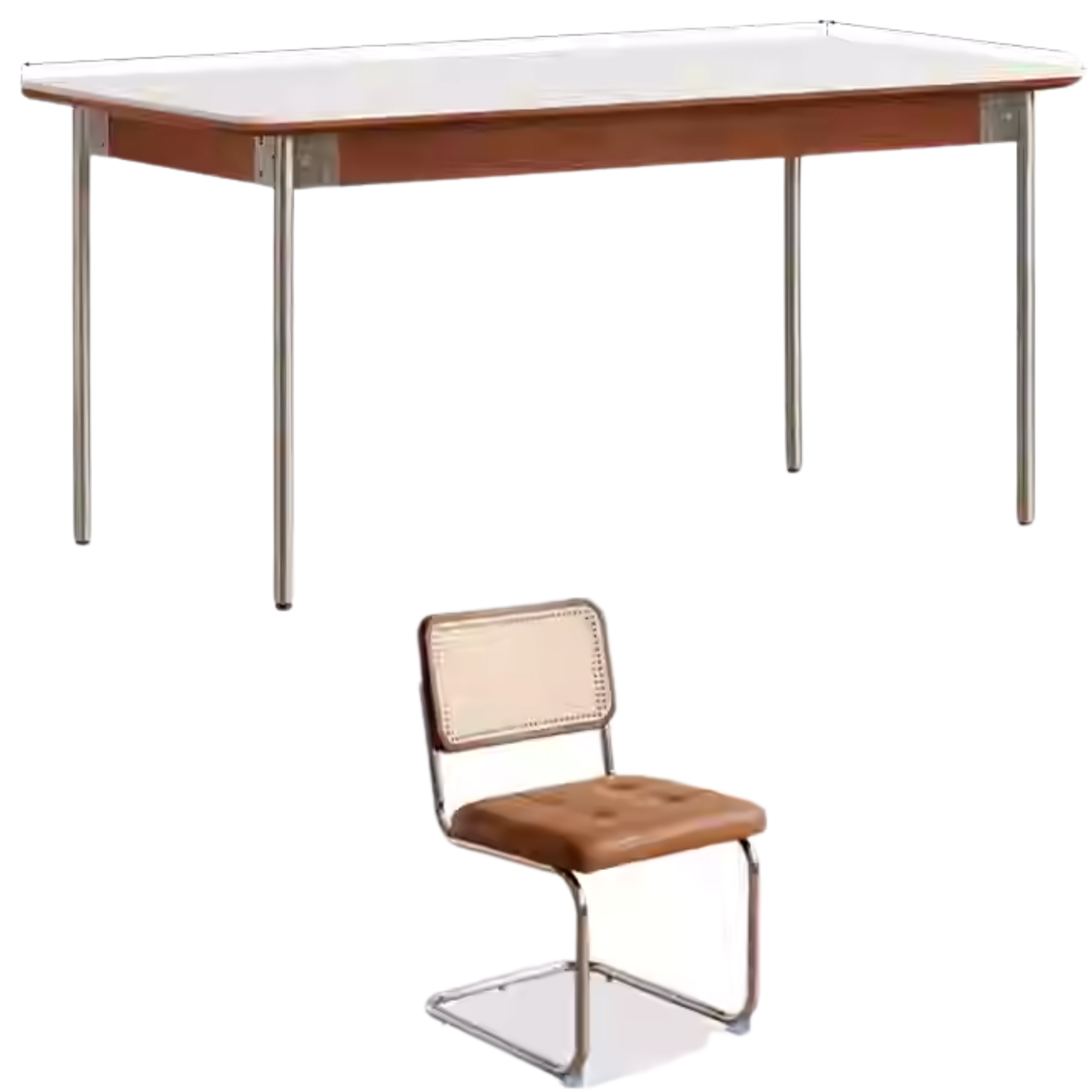 62.9x31.5x29.9 inch /  160.4x80x75 сm /Teak Color/ Ivory white rock board table and four chairs in sunset orange color