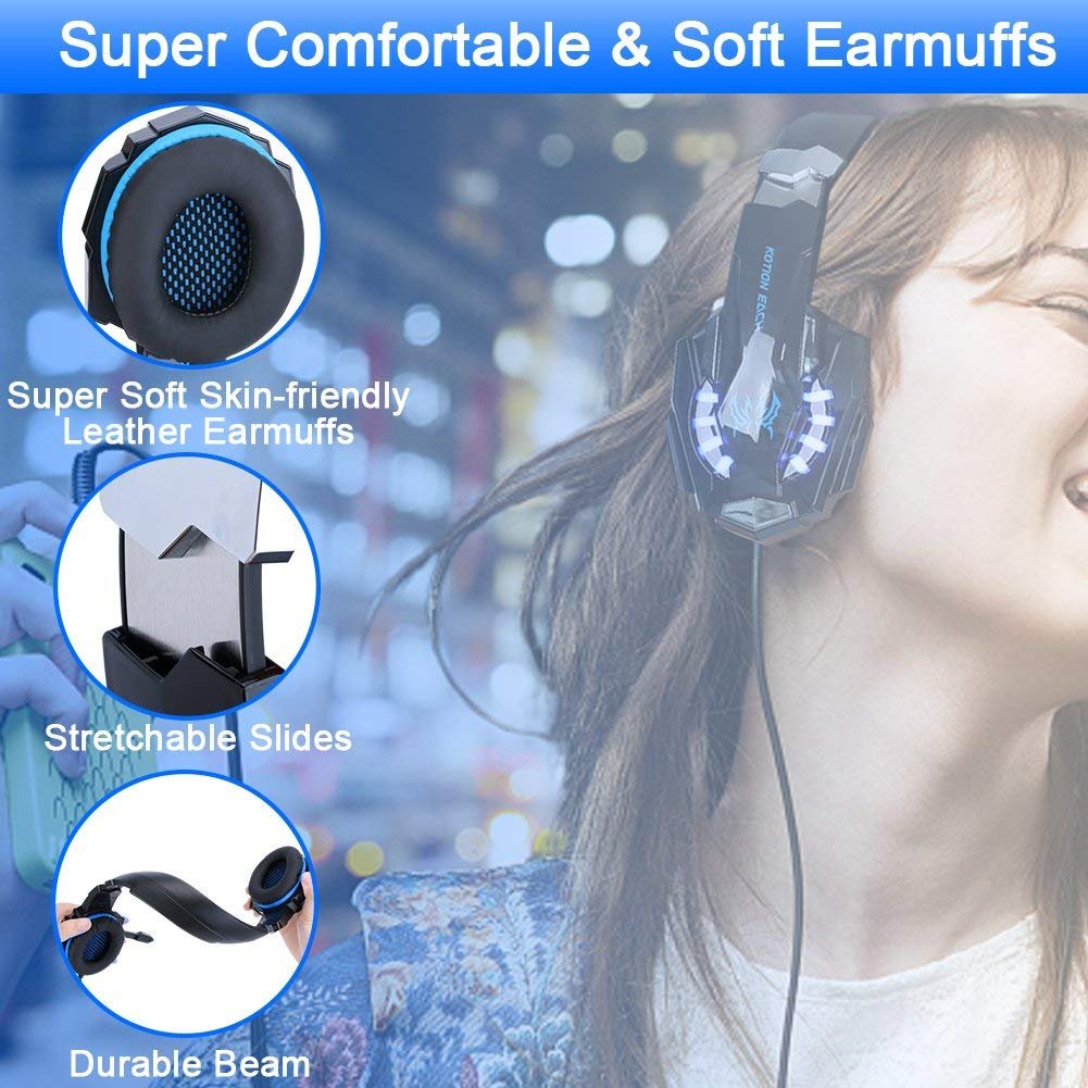 Premium Stereo Gaming Headset for PS4, PS5, PC, Xbox One & Nintendo Switch - Noise Cancelling Over-Ear Headphones with Mic, LED Lights & Deep Bass Surround Sound - Soft Memory Foam Earmuffs for Long Gaming Sessions - Perfect for FPS, RPG & Online Multiplayer Games (Blue)