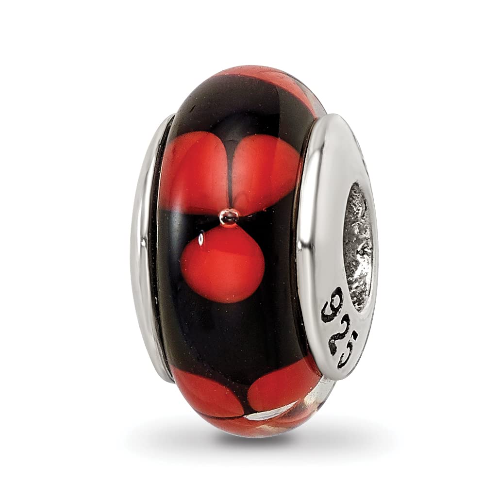 Prerogatives Sterling Silver Red and Black Floral Glass Bead Bracelet - Elegant Handmade Jewelry for Women, Perfect for Parties, Weddings & Special Occasions