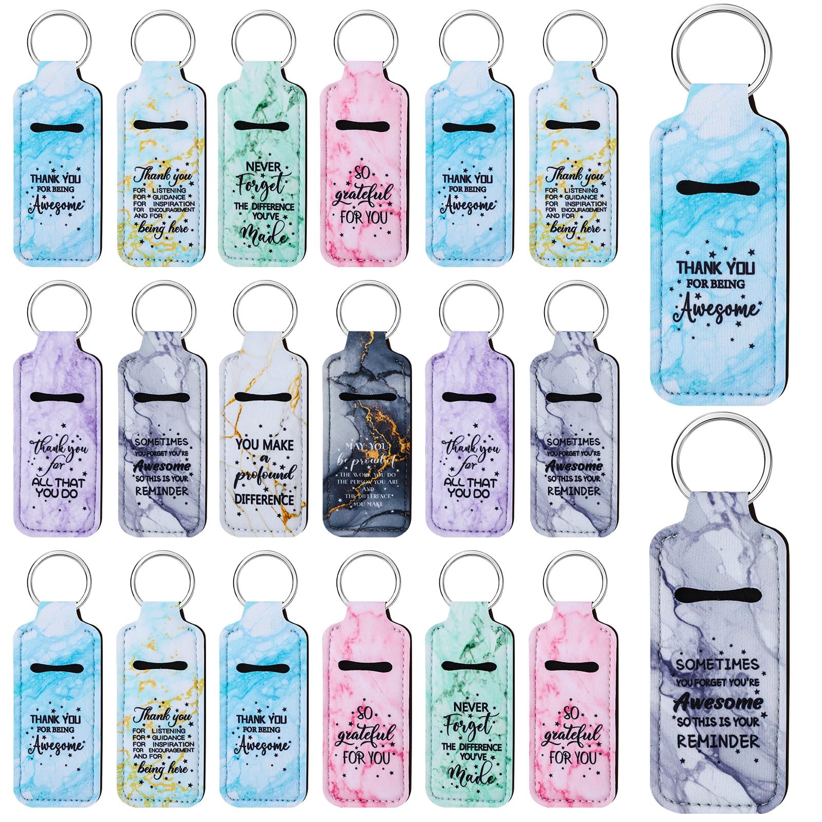 72 Pcs Marble Lipstick Holder Keychain Set - Portable Lip Gloss Pouch Organizer with Inspirational Quote (Great for Travel, Makeup Bags & Gifts)