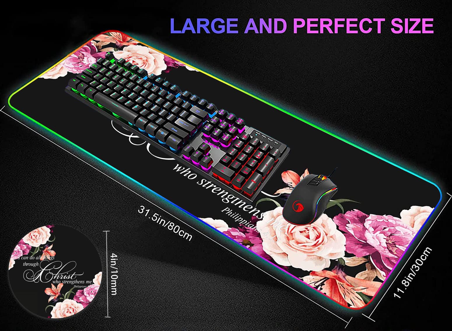RGB Gaming Mouse Pad with LED Lights - Large Non-Slip Desk Mat for Keyboard & Mouse | Waterproof Optical Surface | Perfect for PC Gaming Setup | Features Philippians 4:13 Bible Verse & Peony Flower Design