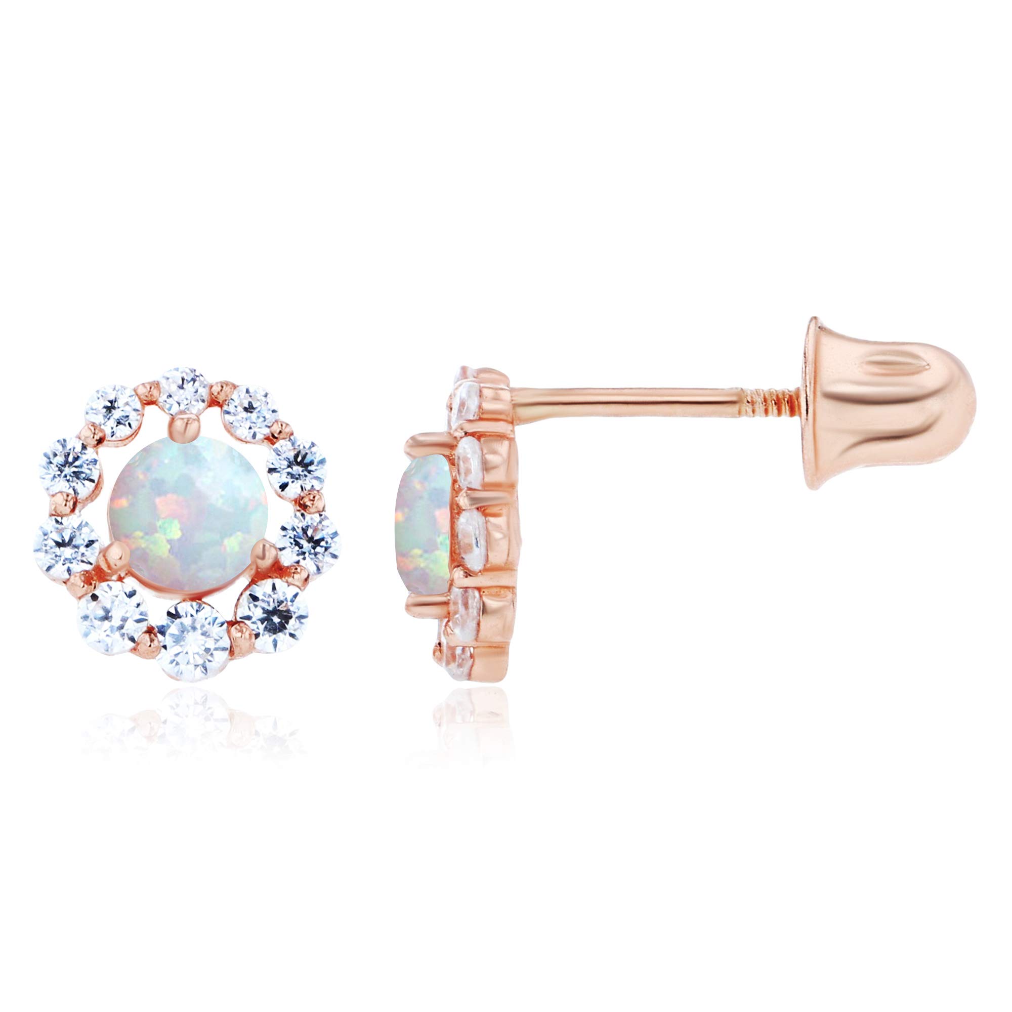 14K Solid Gold 6mm Halo Birthstone Stud Earrings for Women | Natural Gemstone Screw Back Earrings | March April May June July August September October November December Birthstones | Perfect for Birthday Gifts, Anniversary Presents, Mother's Day & Special Occasions