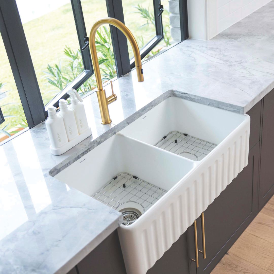 Farmhouse Double Bowl Kitchen Sink 33 Inch White Glossy Ceramic - Perfect for Modern Farmhouse, Rustic & Country Style Kitchens